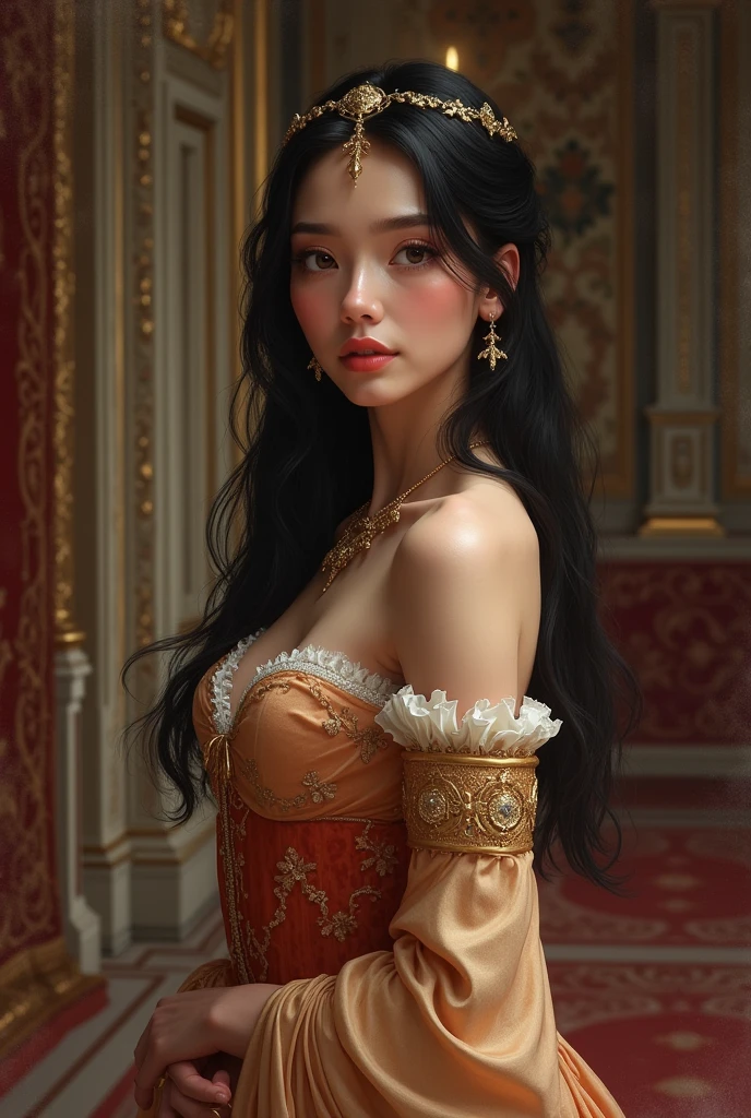 In the era of fantasy royalty, A beautiful woman a little modest, with thick black hair that falls in curls to her waist and chocolate brown eyes