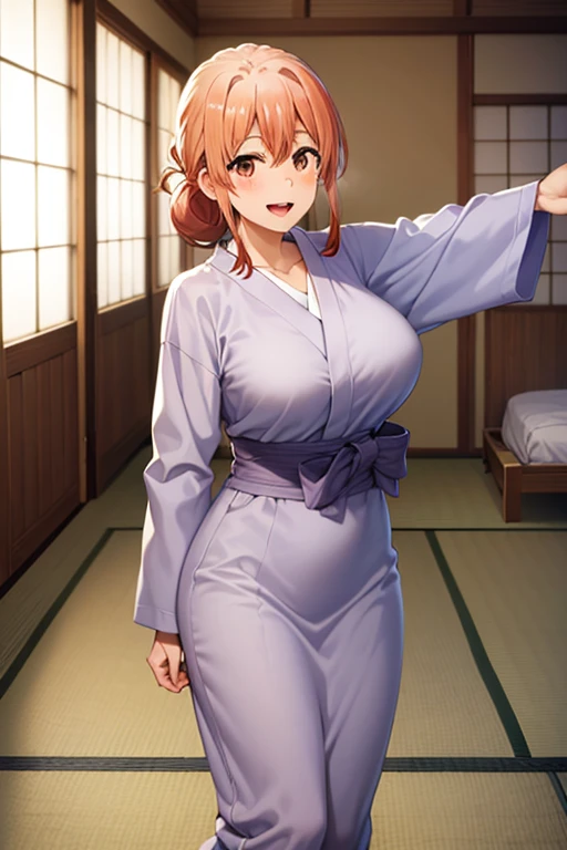 (hdr, highest resolution, best quality, beautiful, raw image, super detailed skin, perfect anatomy, nsfw, POV)), , ((1girl)), (orange hair), brown eyes , (blushing:1.4), (((smile))) , ((open mouth)), (slender), (huge breasts), thighs, barefoot, ((((light purple yukata ,undressing )))), (( japanese style room, tatami, shoji window,, daytime)), (open arms for viewer), face focus