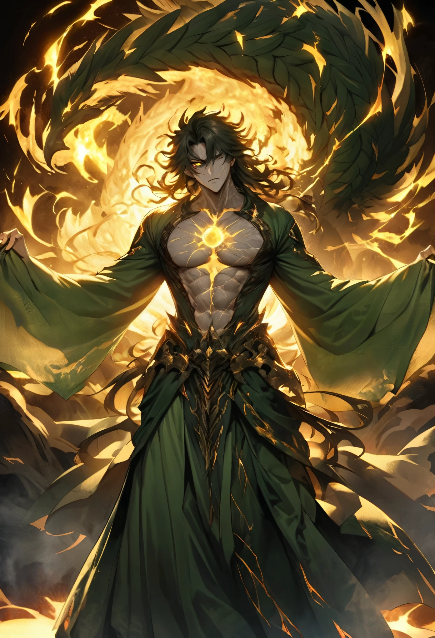 Create a hand-drawn, highly detailed anime-style image of a powerful warrior with long, wild hair. His skin is pale but has noticeable cracks running across his body, giving him a worn, battle-hardened appearance. His hands up to just above his wrists are the color of obsidian, with translucent veins pulsing through them. His right eye is a swirling, electric orb, crackling with energy, while a large scar runs across his abdomen as if something pierced through him.

He is dressed in green robes adorned with a white symbol of a winged serpent on his chest. Surrounding him is an aura of golden flames, burning intensely, as if it radiates raw power. His wings, shaped like those of a condor, are made of crackling electricity. Optionally, there is a majestic Chinese dragon made of wind coiling around him. The background should evoke a sense of stormy chaos, enhancing his commanding and ominous presence.