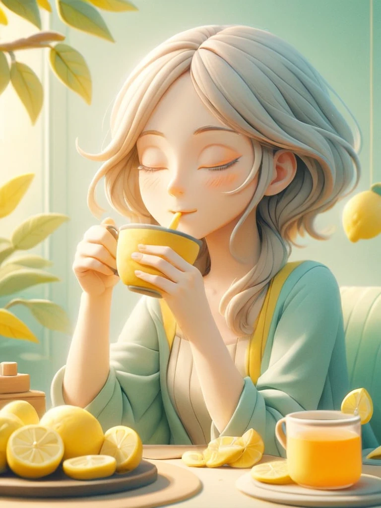 Image of a woman with her eyes closed drinking a cup of lemon tea, ais-hppycly