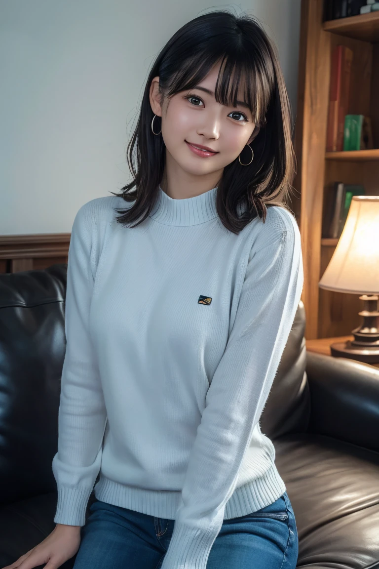 rie,One Woman,(best quality), (ultra detailed), (absolutely resolution),Face is front, 18-year-old, Chest, Boat neck sweater and mermaid skirt, The color of the clothes is denim blue., The pattern on the clothes is striped, Black Hair, Lined with classic furnishings、antique style bedroom
