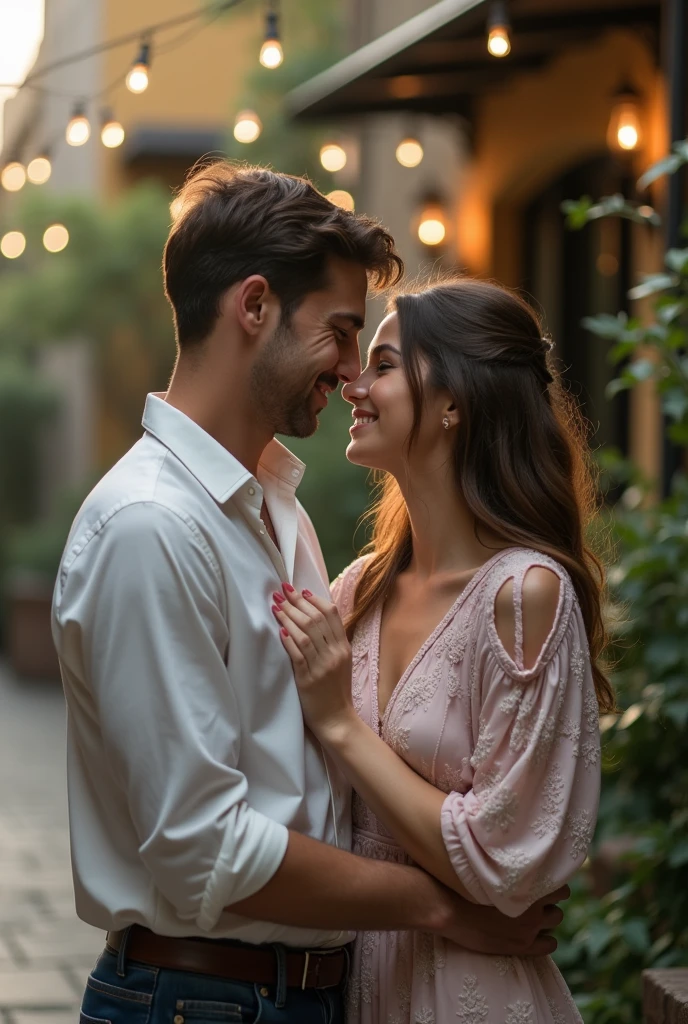 "A passionate black-gray-haired young man passionately kissing an American young woman, intense kiss, closeness, love at first sight, (best quality, high-res, vivid colors:1.2), (romantic, passionate:1.1) portrait, close-up, warm lighting"
