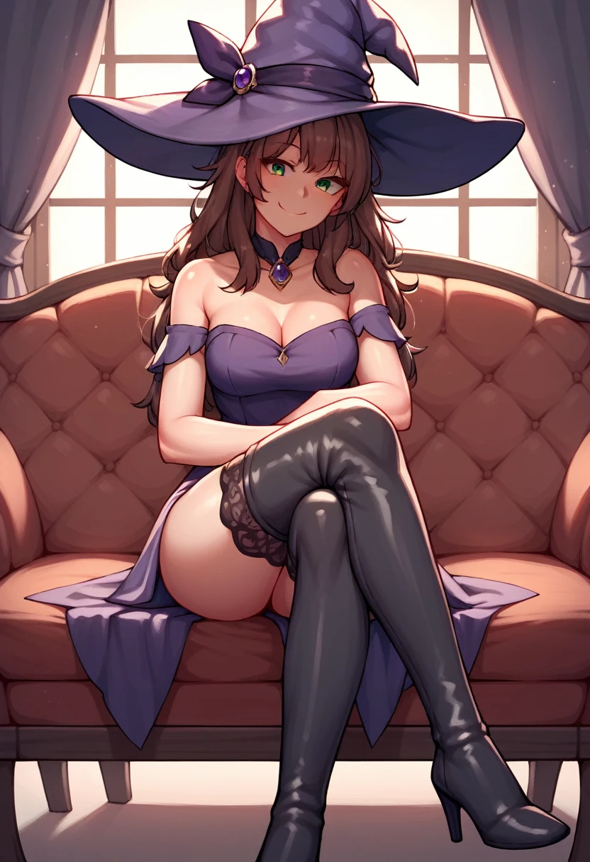 in 8K、top-quality、masterpiece、ultra-detailliert、Ultra-high resolution、Anime style、One bewitching woman、sit on sofa、natta、fullmoon、fullnude、witch's hat、makeup、eyeshadows、red-lips、a necklace、A bracelet、anklets、manicure、Red high heels、Red face、pleasant sensation、Opening Mouth、Smile bewitchingly、pov from down