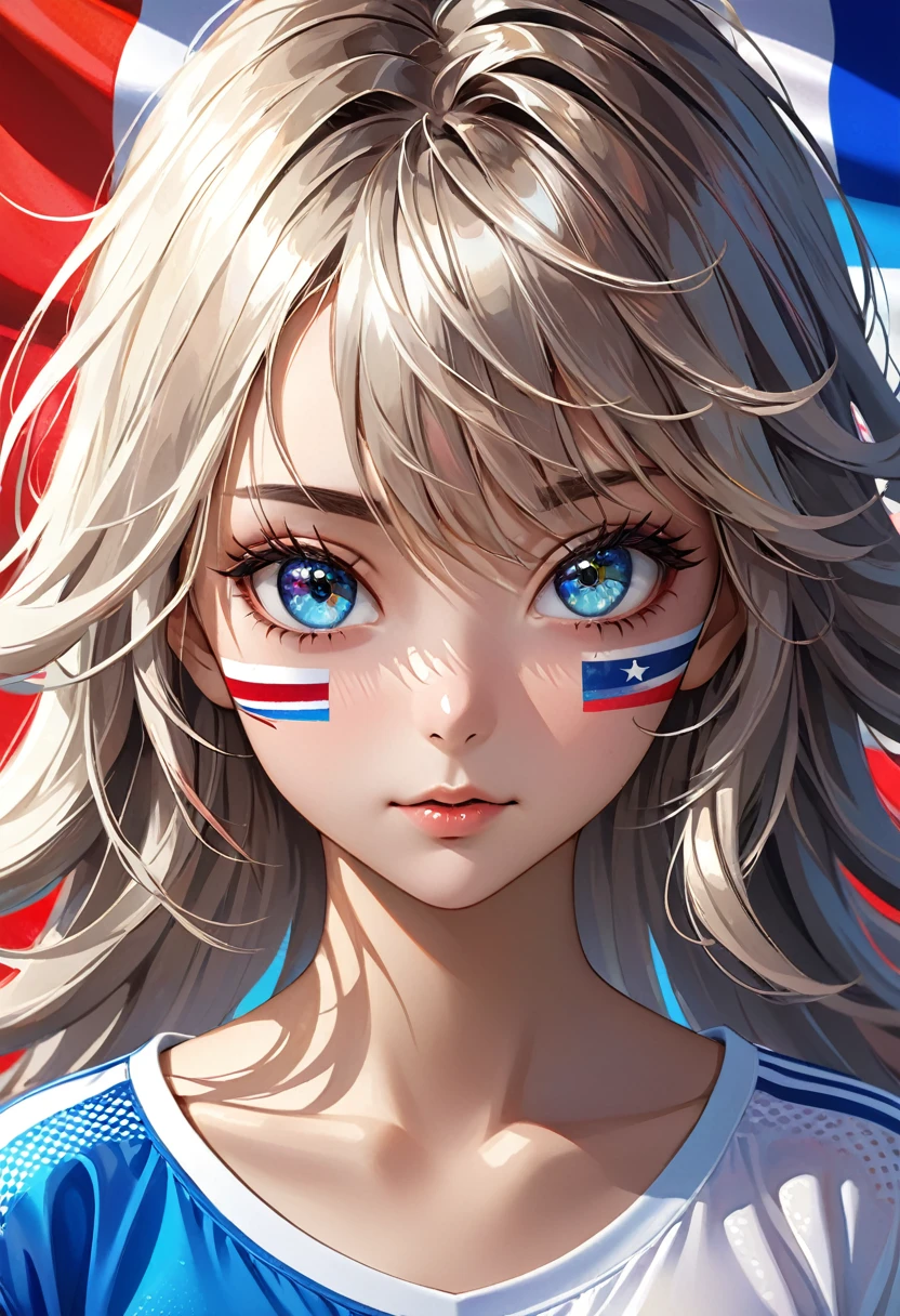 portrait, cool beauty, face painting, for watching sports, striking beautiful eyes, glossy silky messy hair, amorous and lewd expression, perfect proportions, background colorful patchwork reminiscent of national flags, delicate and dynamic textures, contrasts of light and shadow, 2.5D, artistic photography, hyper realistic, digital graphic CG, ultra detailed, absolutely resolution, best quality