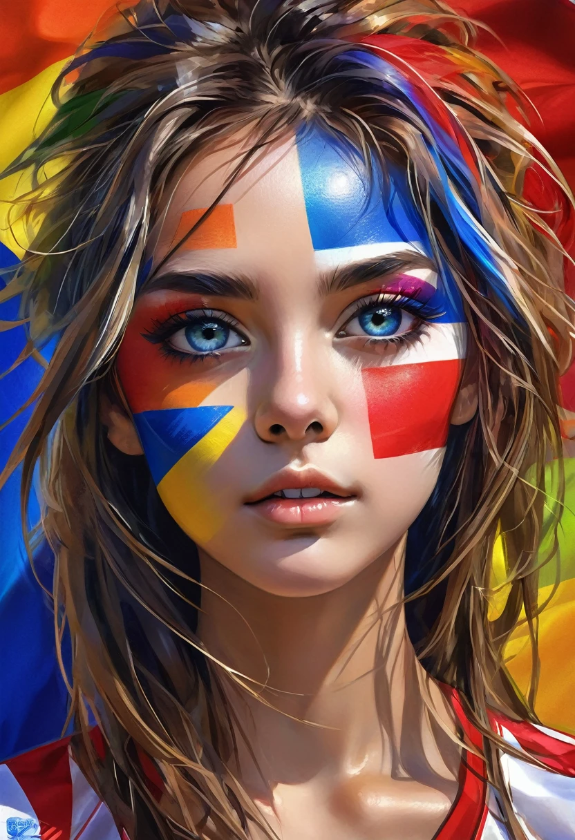 portrait, cool beauty, face painting, for watching sports, striking beautiful eyes, glossy silky messy hair, amorous and lewd expression, perfect proportions, background colorful patchwork reminiscent of national flags, delicate and dynamic textures, contrasts of light and shadow, 2.5D, artistic photography, hyper realistic, digital graphic CG, ultra detailed, absolutely resolution, best quality