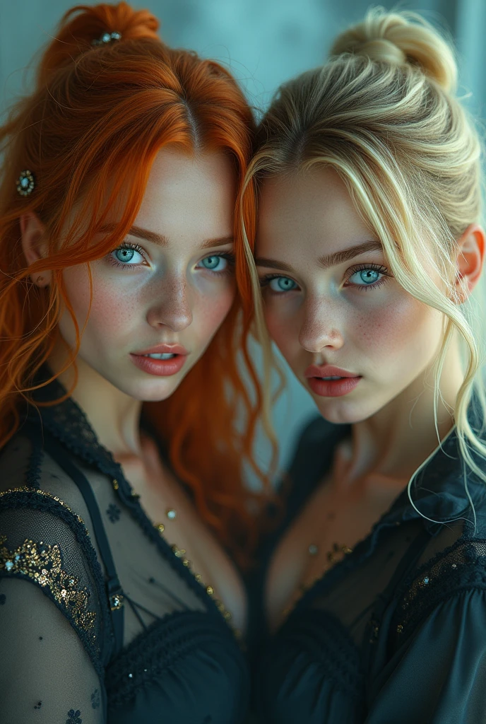 two girls, with copper hair to the waist and light with white hair to the waist, White skin, green eyes, full frame on white bed, full length, in a transparent red robe, From top to bottom, Breast exposure, nude body, beautiful detailed eyes, beautiful detailed lips, extremely detailed eyes and face, long eyelashes, high quality, 8 thousand., hyperrealistic, photorealistic, physically based rendering, bright colors, studio lighting, complex parts
