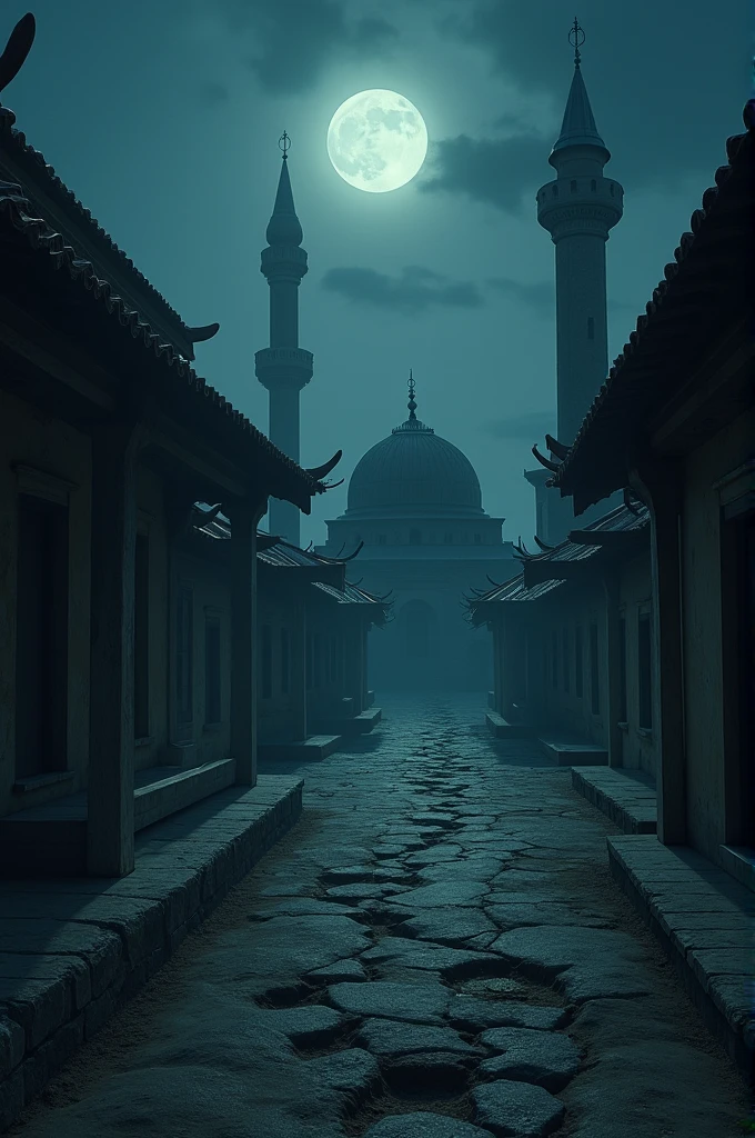 Create a post-apocalyptic scenario where water floods the earth, with few trees and many destroyed structures and buildings. ((Only the mosque remains intact)). ((Red light appears to come out from inside the mosque)). A large full moon against black clouds. Add high-resolution details, such as abandoned buildings, roadside rachaduras, broken electrical installations, and poor lighting. A cena deve ter um tom misterioso e sombrio, with water elements and ruins, high resolution, hyper detalhado, add ships used as cities, cidades de navios, 8K, high quality