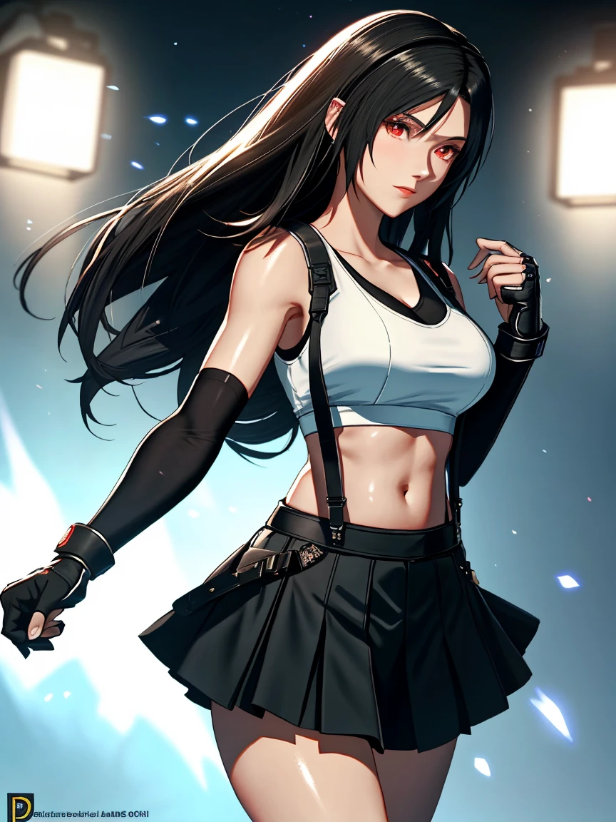 TifaOG, white tank top, black miniskirt, 1girl, solo, light smile, red eyes, showing armpits and pussy half naked.(((Half naked)))