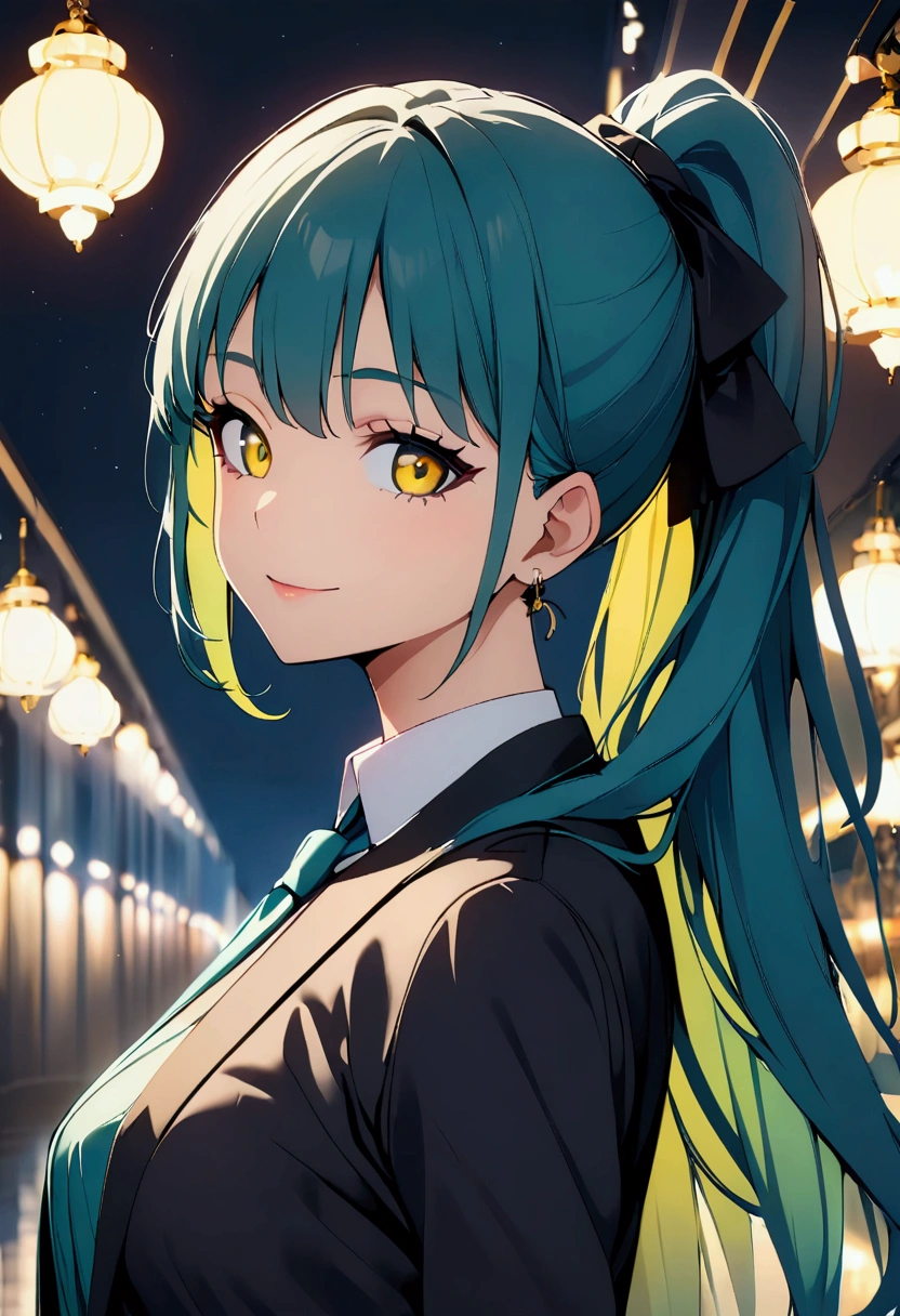 1 girl milf , solo , teal blue ponytail hair ,  yellow lihgt eyes , haot body , in a row , Looking at the viewer , smailling