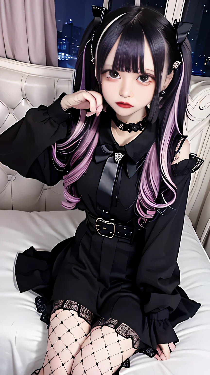 4K - ultra-vivid、highest quality, masterpiece, Ultra-high resolution, (reality: 1.4), 1 girl, Purple eyes, Cinema Lighting、purple and black hair、(Earrings、lots of earrings)、Small breasts, choker,Cross black top, belt, idol, kawaii,At night,on the bed,bow hair accessories,Quiet posture，highlight bunches, fishnet pantyhose 