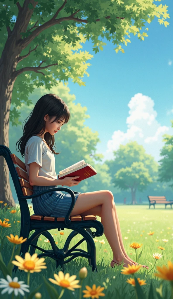 Girl sitting under a tree, lendo um livro, realista, HD, parque, flores, sol