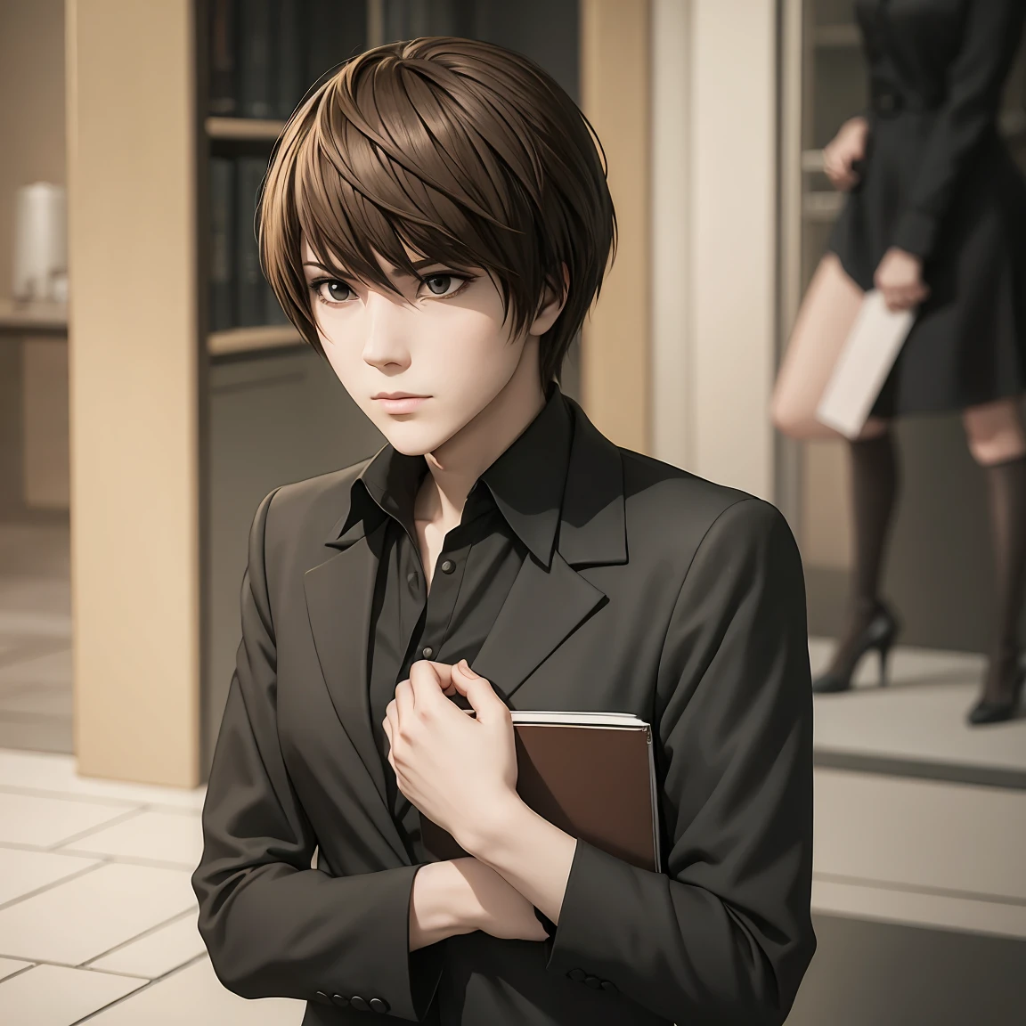 A fusion of L + light,lonely single character holding a black notebook,and wearing a blouse and jacket.