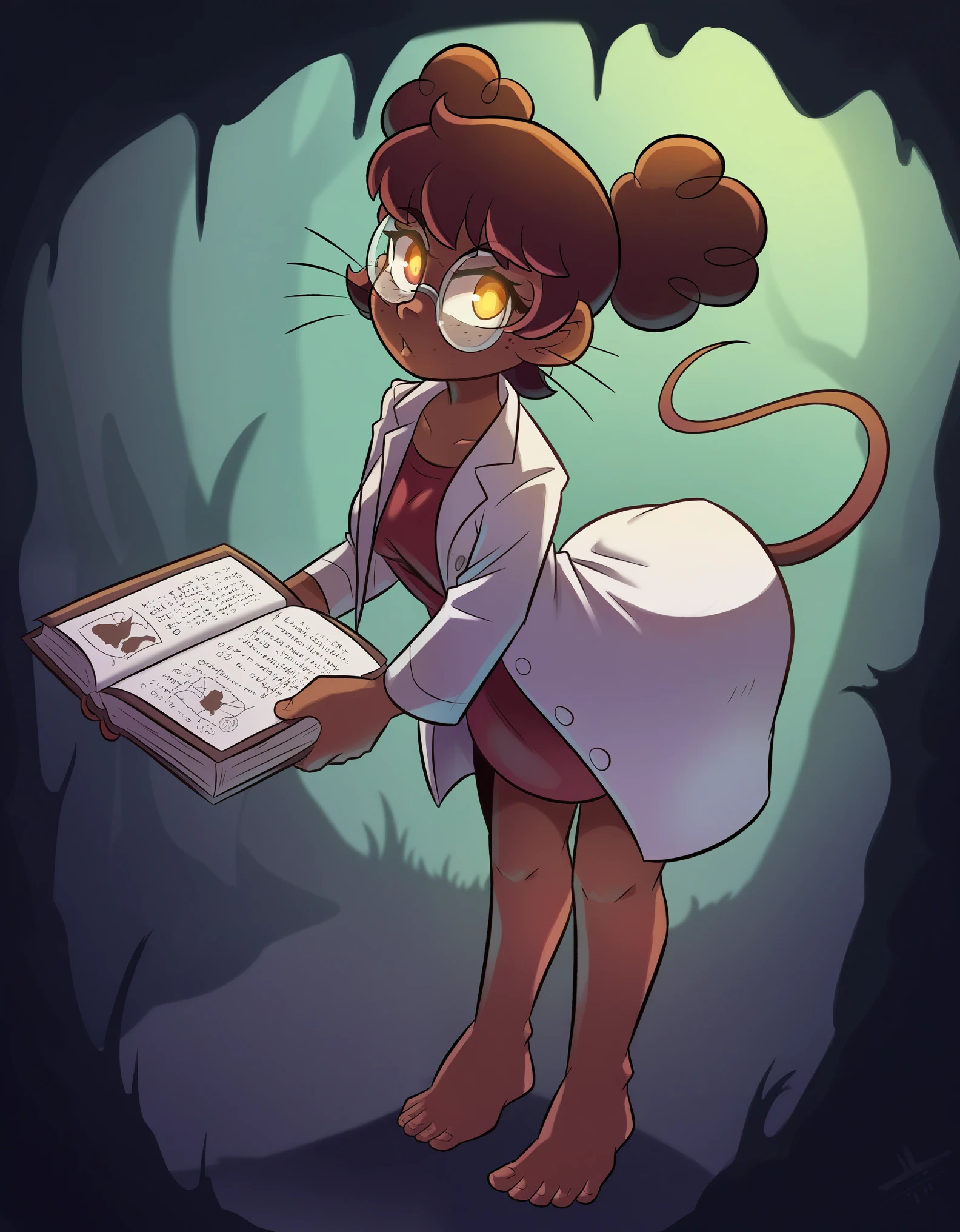 A smart and nerdy, yet cute young woman with dark chocolate brown skin stands confidently while holding a book. She is dressed in a delicate lab coat that drapes over a red undershirt, creating a subtle but vibrant contrast. Her face is framed by soft, slightly wavy hair, and she wears a pair of adorable round glasses, enhancing her intelligent appearance. Her eyes exhibit striking heterochromia, with her left eye being a bright amber and the right eye a deep red. Adding to her unique charm, she has soft, mouse-like ears peeking through her hair, a slender tail playfully swaying behind her, and subtle whiskers on her cheeks. She exudes a vibe of curiosity and intellect, her posture relaxed but engaged, as if she's always ready to dive into her next scientific discovery. detailed face, extremely detailed eyes, masterpiece, 4k, 8k, high-res, ultra-detailed, physically-based rendering, vivid colors, studio lighting cinematic lighting, dramatic lighting, dramatic composition, dynamic pose, volumetric lighting, Nice ass, B-cups, Cute breasts, shapely figure, Serious expression, Verdant forest, breathtaking scenery, glowing eyes, barefoot, freckles, Full Body