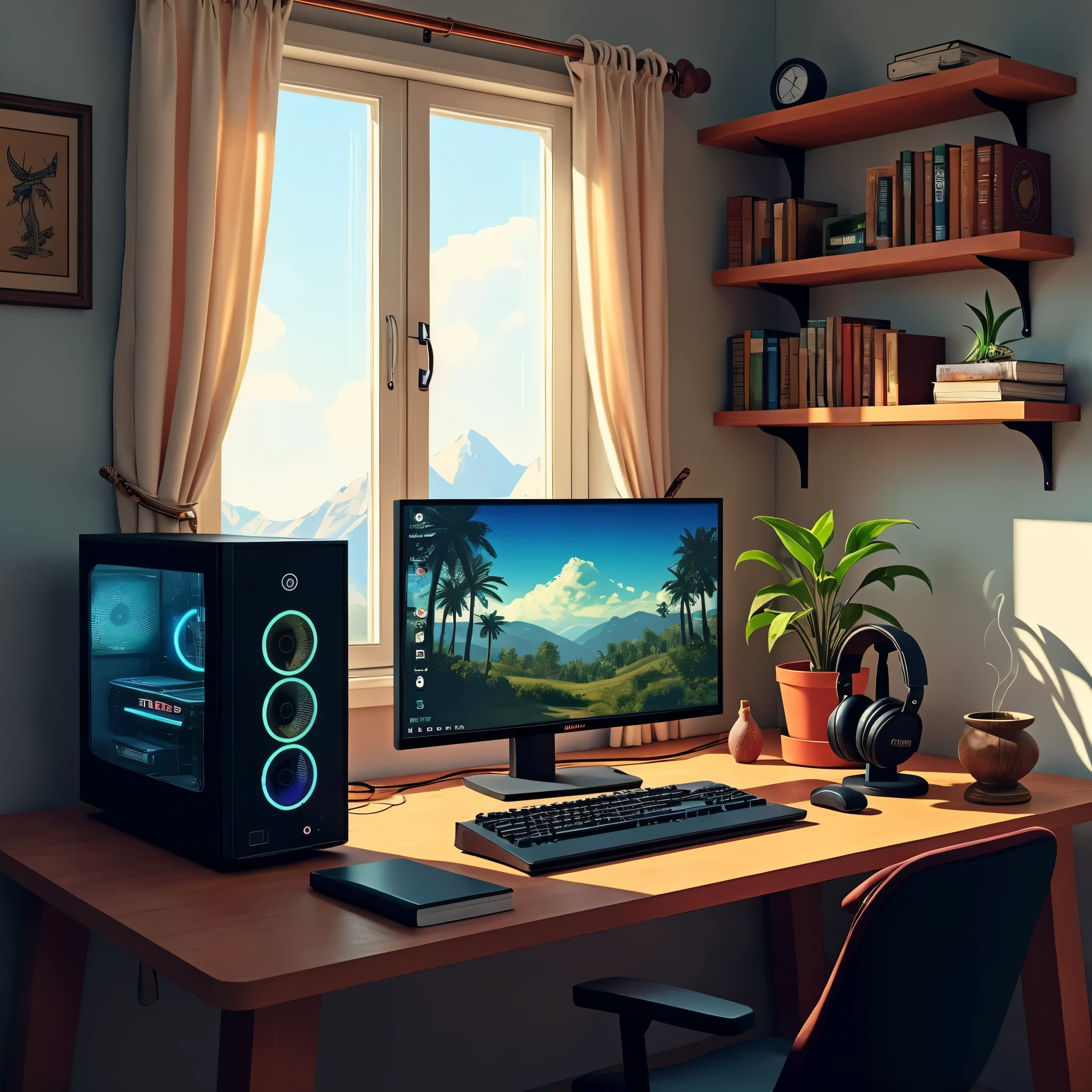 Study table with book racks, gaming computer, keyboard, gaming Pc, headphone, open window Give a beige background. Add modern vibe