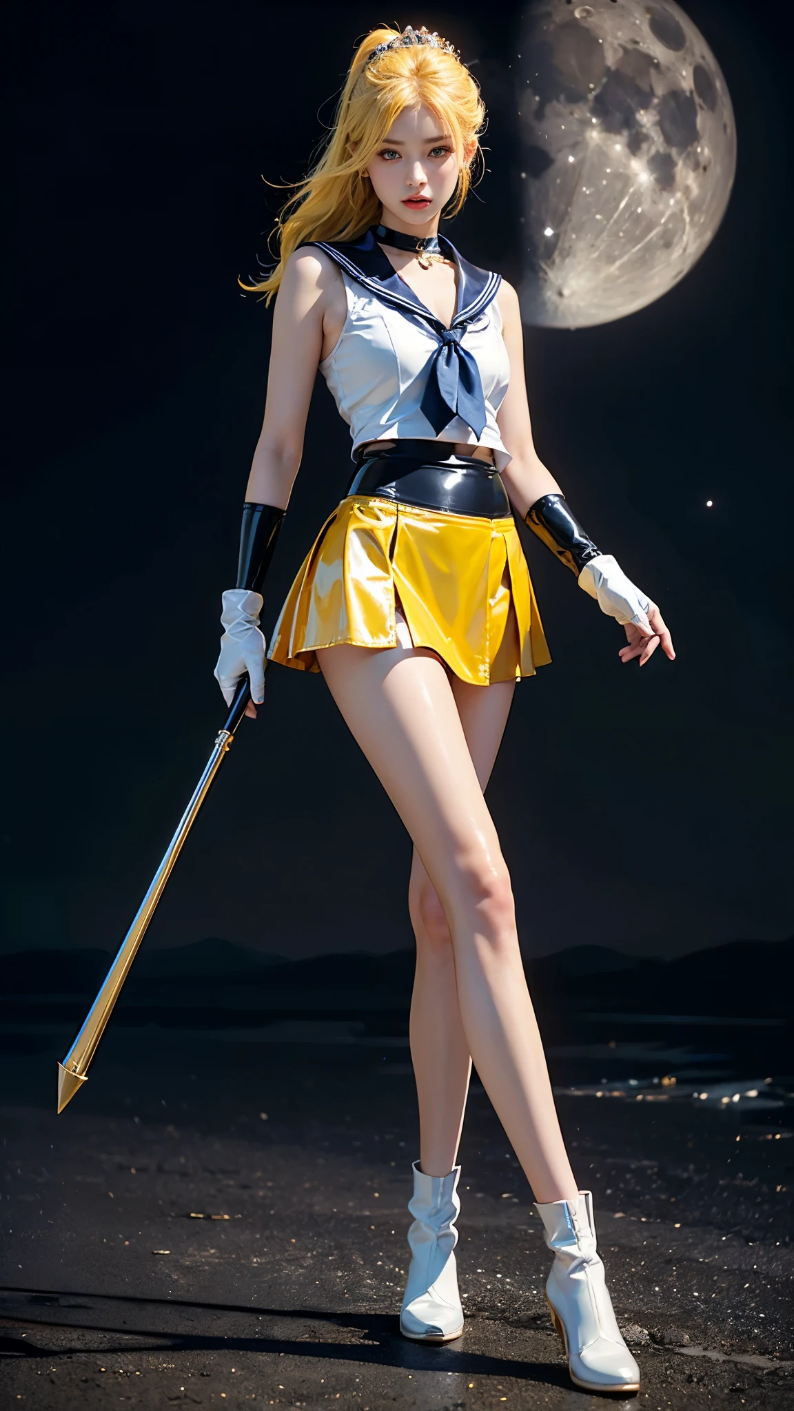 ((masterpiece:1.4)、(top-quality:1.4)、(reallistic:1.7))、masuter piece:1.4、a beauty girl、(Sailor Moon:1.4)、Tsukino Usagi、Body Fit Sexy Sailor Senshi Uniform、(latex shiny)、(The jacket is a white sleeveless sailor suit)、(Skirt Blue Sexy Ultra Ultra Pleated Mini Skirt)、The collar of the sailor suit is blue with two thin lines.、high leg swimsuit、Red cloth ornament at chest、(Wearing white gloves)、Kawaii Girl、Super beauty、foco nítido、Portrait photos、(Perfect female body:1.4)、perfectly proportions、Upper body photography:1.4、美丽的面容、beautidful eyes、Narrow waist、beauty legs、(yellow hair:1.4)、(length hair:1.2)、Beautiful udder、large full breasts:1.2、Sexy ass、Raw photo、red-lips、Red high heels:1.4、a choker:1.4、a necklace:1.4、耳环:1.4、Luxurious Golden Tiara:1.4、1 screen display、a moon、kosmos、spaceships、A space station、City of the Future