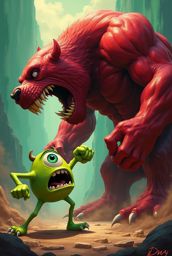 Imagine a towering, monstrous creature with purple, gooey skin and large, menacing green eyes, towering over a city highway. The creature has jagged, sharp teeth and looks ferocious as it advances. Beside it, a muscular, anthropomorphic white cat with a mohawk, sporting a pair of green shorts, stands confidently. The cat has a strong, heroic presence, with bulging muscles and a determined expression. The background features a bustling cityscape with highways and overpasses, creating a sense of urgency and chaos. The theme is an otherworldly clash between two beings, one a terrifying monster, the other a valiant warrior cat, set in a modern urban environment.