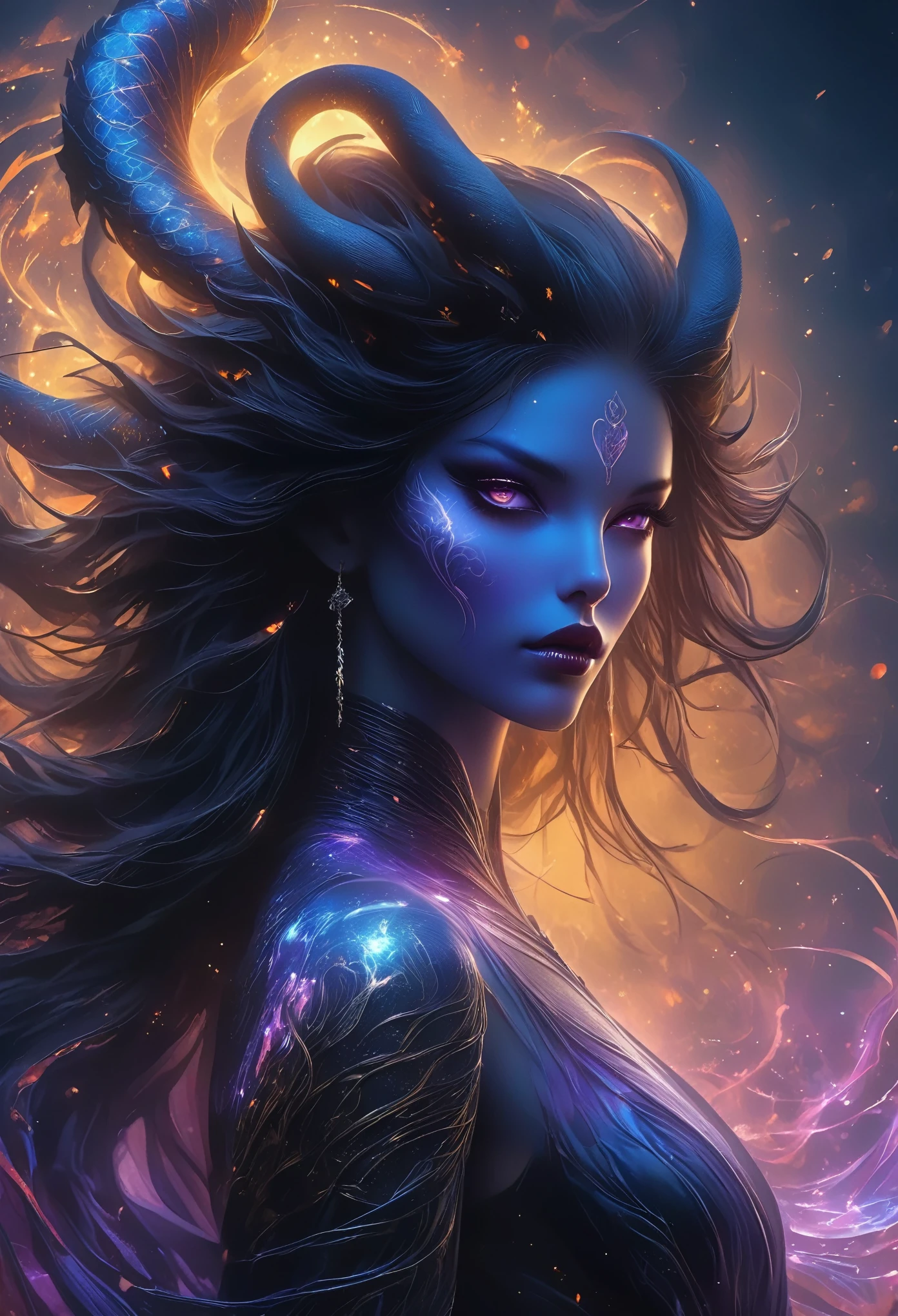 A cunning female demon from the depths of the universe,Her face is both terrifying and elegant,Her intense expression matches her pale skin and dark shadows.,Possessing sharp and extra long fangs,(Extra long,Extremely detailed),Her body is covered with snake eyes,Waist-length black hair,Wave-like surging。Her eyes flashed blue,Her claws are mercilessly sharp,A dark atmosphere surrounds,Create an ominous atmosphere,This demonic being is set against a backdrop of a universe filled with stars and galaxies.,A celestial landscape,Full of mysterious energy and ethereal light,She exudes an otherworldly beauty,Cursed and charming,Her tongue and scales are like a snake,Her glowing black wings,Black feathers with intricate patterns and a metallic sheen,The jagged outlines of the mountains surround her,Fascinating glowing forests and phosphorescent plants,Blood red moon,Shattered Dimensions and Portals,Crackling sparks of electricity and energy,All of these add an indelible deception and confusion to her beauty.,This woman wields manipulation and supernatural powers,She is mysterious and attractive,Powerful and unruly,She seems to be awe-inspiring and respectful,A fusion of Gothic and Surrealist art styles,Contrasting yellow and red sharp colors、The red and purple color palette creates a,Dramatic lighting and deep shadows intersect in this juxtaposition of light and dark.