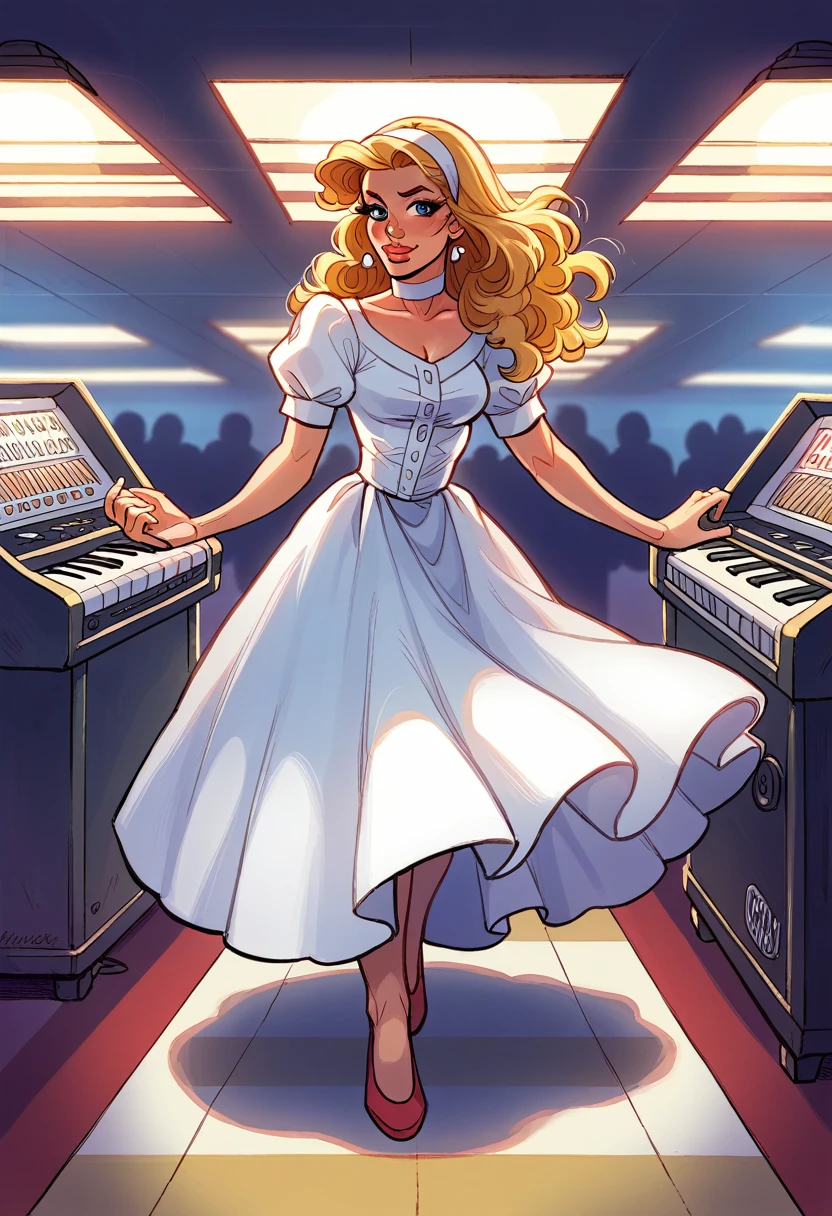 1girl dressed in a 1950s-inspired dress, complete with a full skirt and petticoat, her hair styled in classic pin curls. She should be seated at an old-fashioned diner, surrounded by vintage details like a jukebox, chrome accents, and neon signs. Her eyes should be sparkling with excitement, her skin flawless and glowing under the soft, dramatic lighting. This scene should be captured on 35mm film, with a beautiful depth of field and a slightly blurry, nostalgic background,, filmg,