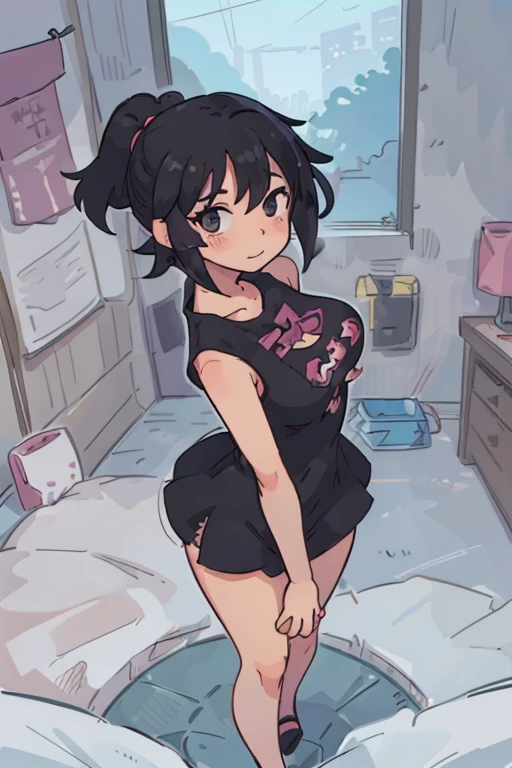 chica sexy ((long tits)) ((ass to the camera)) with short shirt ((sky blue)) loose camisole and panties ((black color)) in a Vtuber room