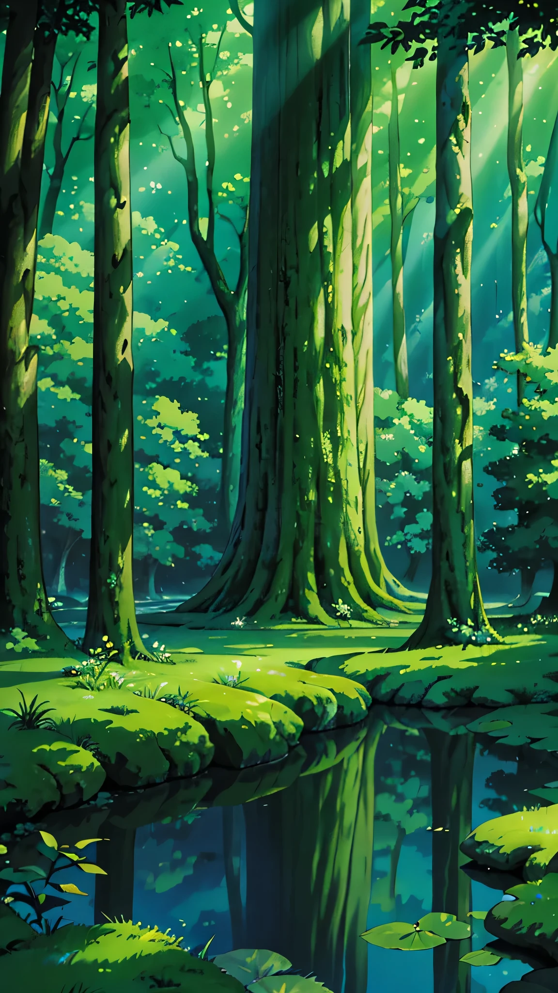 "Create a detailed anime-style nature wallpaper inspired by the works of Hayao Miyazaki. The scene should depict a serene forest with towering ancient trees, where dappled sunlight filters through the leaves, casting intricate patterns of light and shadow on the ground. A gentle stream flows through the landscape, reflecting the sunlight in soft glimmers. The sky should have a cosmic touch, with stars twinkling above in a twilight setting. Focus on the interplay of natural light and shadows to create depth, with warm, vibrant colors and an enchanting, peaceful mood. No human characters or creatures should be present in the scene."