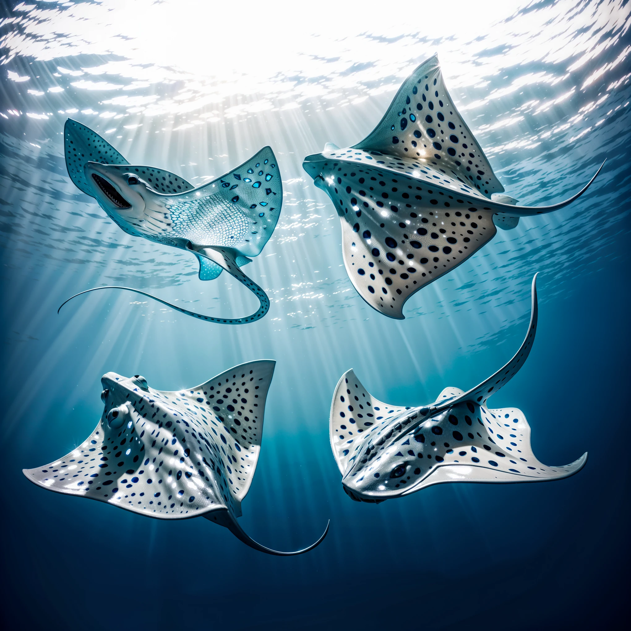 A highly detailed digital illustration of a stylized stingray dominates the composition, placed against a solid dark navy blue background. The stingray is positioned centrally, view from a side angle slightly turned to the left, displaying its diamond-shaped body and prominent triangular pectoral fins. Your skin displays a mesmerizing gradient of colors, transitioning from vibrant electric blue to pink and purple, with intricate white spots and patterns creating a starry effect. The stingray&#39;s eye is big, circular and prominently positioned on its head, featuring a dark iris surrounded by a bright orange ring, adding realistic detail. A tail, ​​elongated and curved upwards, stands out with its bright pink tone that blends with magenta. The illustration uses high contrast, vivid saturation and balanced luminance, creating a surreal and supernatural appearance. The creature&#39;s smooth, shiny surface is adorned with fine details, like textured scales, highlighted veins and contours, emphasizing its soft, flowing shape. The overall style is contemporary digital art with a vibrant and fantastical mood., featuring a shallow depth of field that keeps the focus entirely on the intricate details of this beautifully rendered sea creature.