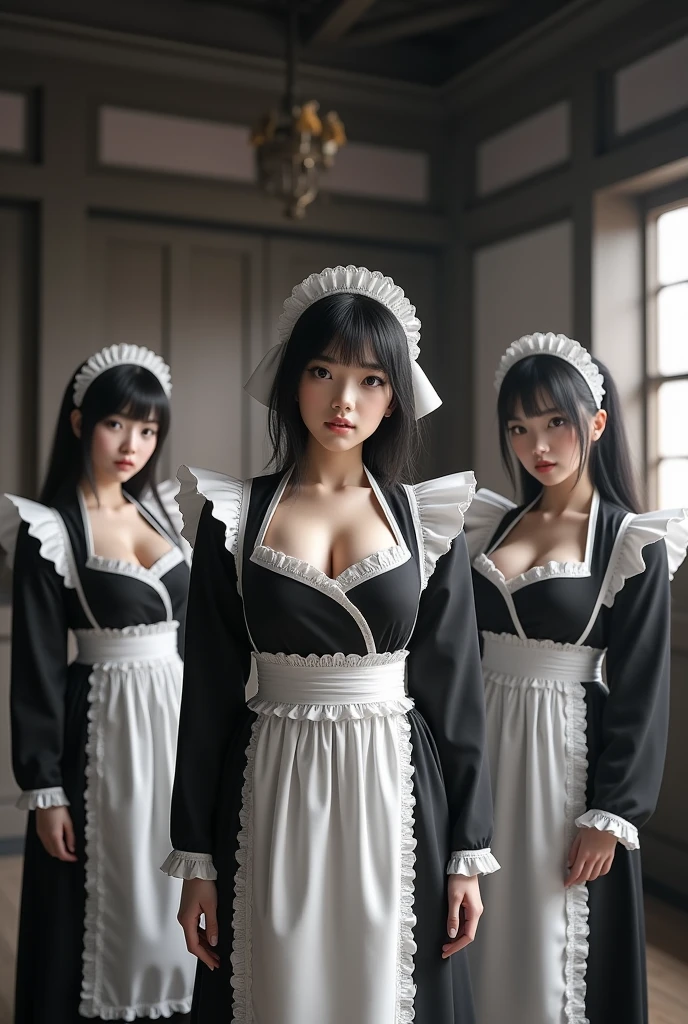 A photo of three 24yo girls japanese castle maid, Anri Okita, hairstyle, gorgeous, , cleavage, Anri Okita's , feudal japanese maid black and white dress, inside feudal japanese castle background, Ultra detailed, 8k