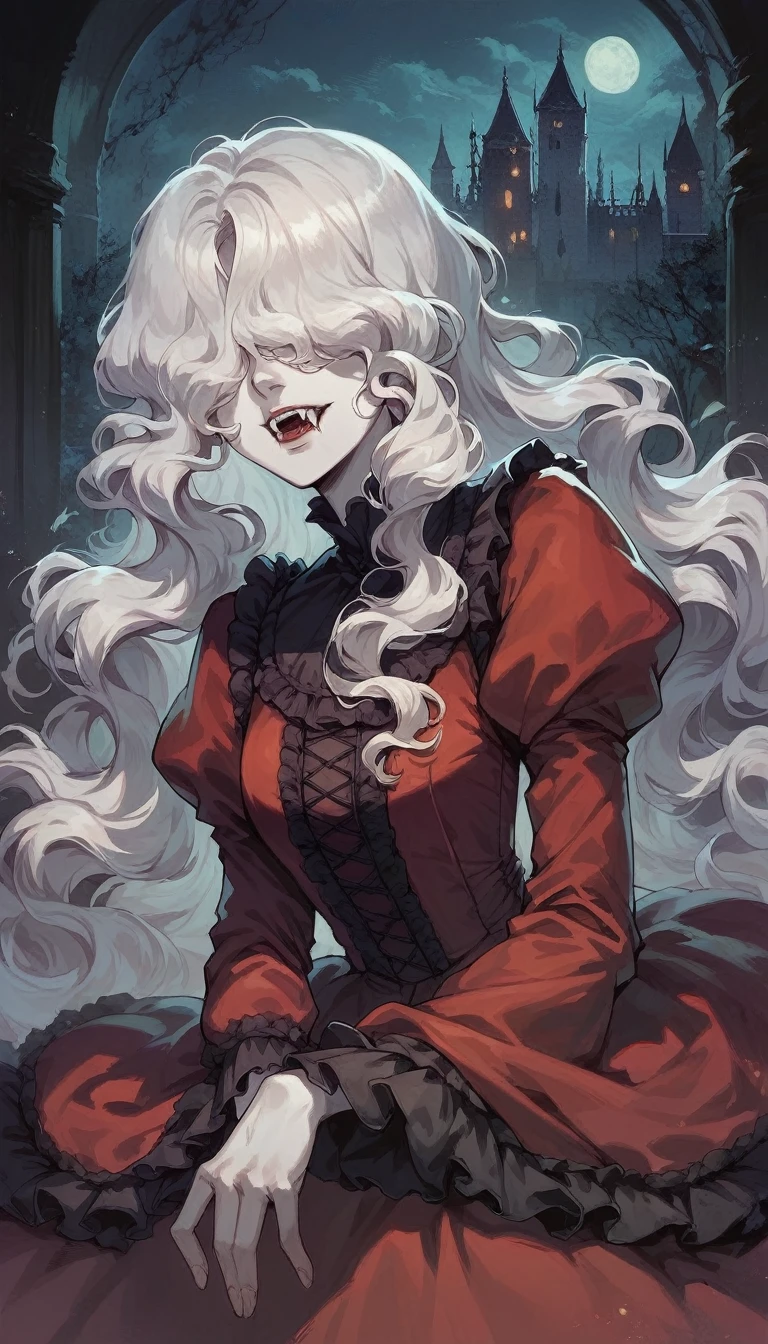 score_9, score_8_up, score_7_up, score_6_up, 1woman, white hair, long hair, wavy hair, hair over eyes, pale skin, vampire, fangs, red dress, victorian dress, night, dark, castle