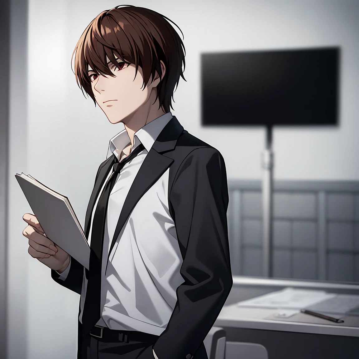 A fusion of L + light,lonely single character holding a black notebook,and wearing a white shirt and jacket,dark red hair ,messy,dark circles,looks cold and lifeless,com dark circles ,male character.