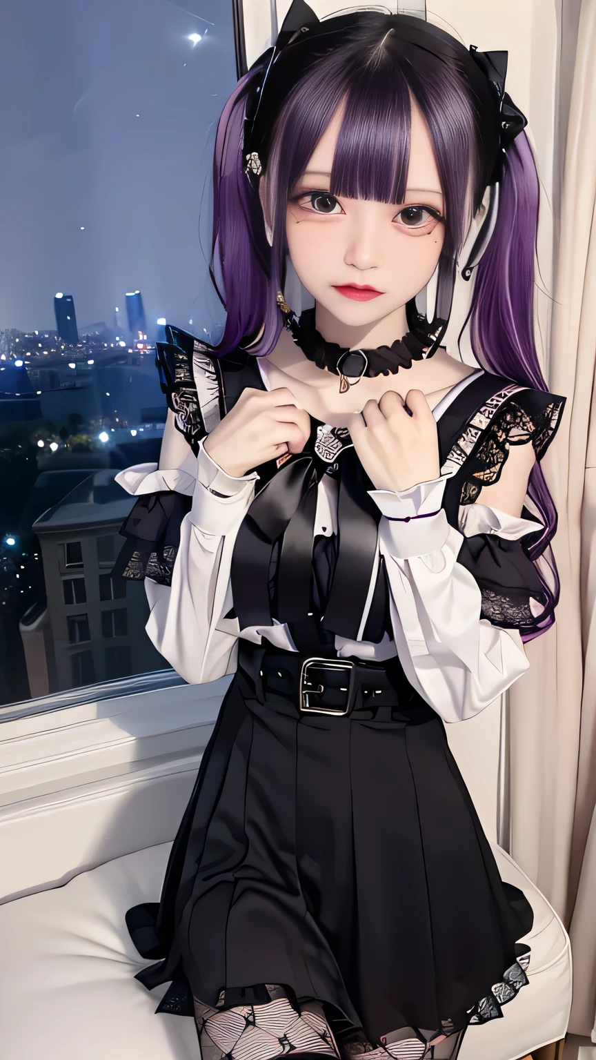 4K - ultra-vivid、highest quality, masterpiece, Ultra-high resolution, (reality: 1.4), 1 girl, Purple eyes, Cinema Lighting、purple and black hair、(Earrings、lots of earrings)、Small breasts, choker,Cross black top, belt, idol, kawaii,At night,on the bed,bow hair accessories,Quiet posture，highlight bunches, fishnet pantyhose ,by the window ,night view