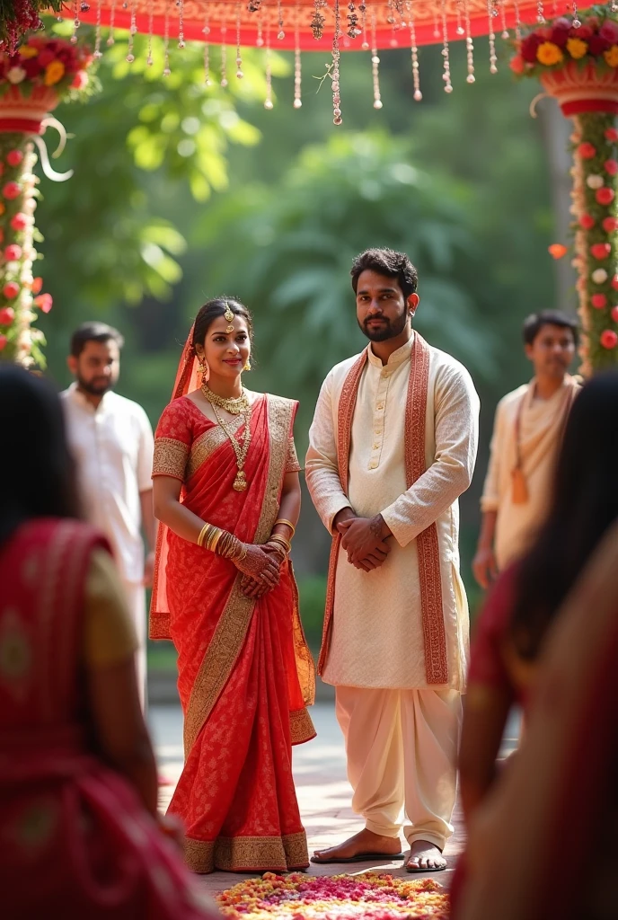 A male kicks a woman wearing a saree in the groin.