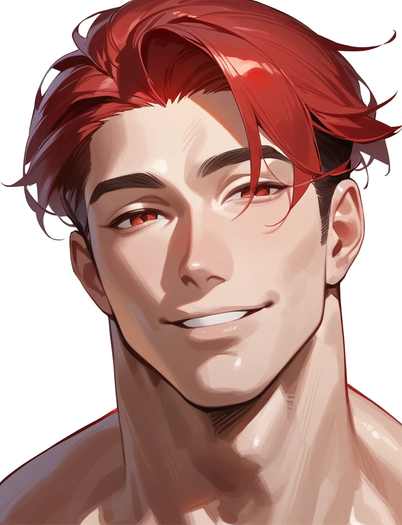 masterpiece, Best Quality, realist, 1 man, masculine focus, tall muscular, elegant, [thick eyebrows:0.5], smile, lasts, portrait, extremely detailed face], Red hair, (short hair)