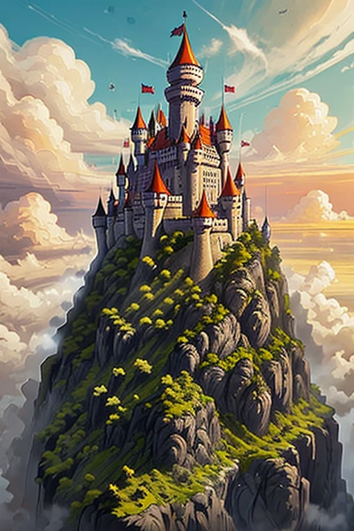 Digital painting, A castle on a distance hill, clouds on top, trees on the hill, painting style, brush stroke