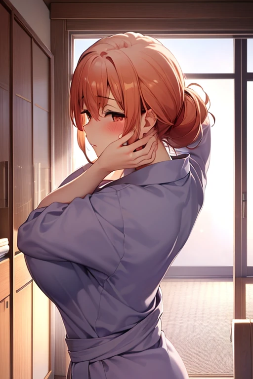 (hdr, highest resolution, best quality, beautiful, raw image, super detailed skin, perfect anatomy, nsfw, POV)), (((POV))), ((1girl)), (orange hair), brown eyes , (blushing:1.4), ((((incoming kiss face, closed eyes)))) , , (slender), (huge breasts), barefoot, ((((light purple yukata ,undressing )))), (( japanese style room, tatami, shoji window,, daytime)), ((face focus))