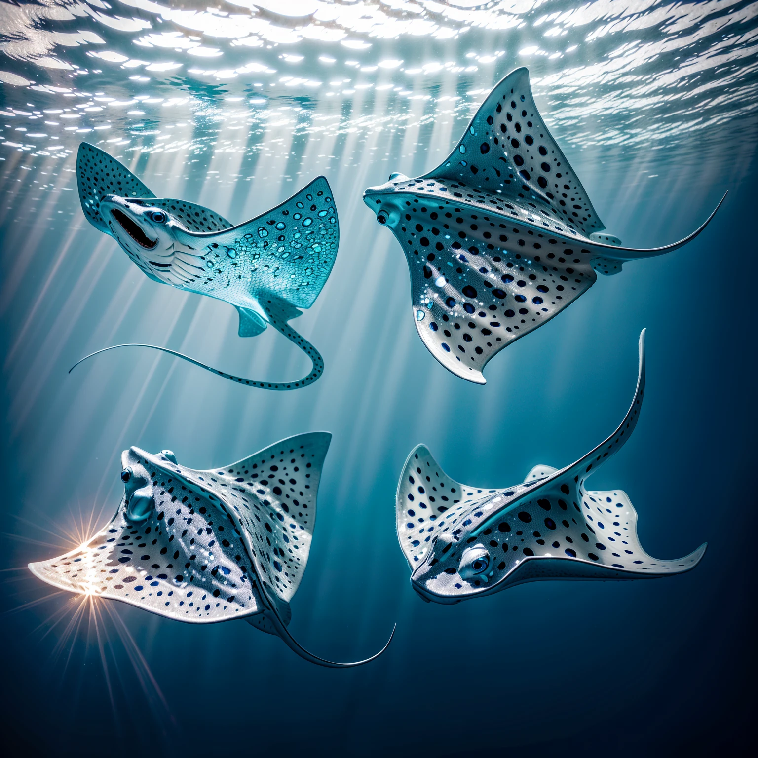 A highly detailed digital illustration of a stylized stingray dominates the composition, placed against a solid dark navy blue background. The stingray is positioned centrally, view from a side angle slightly turned to the left, displaying its diamond-shaped body and prominent triangular pectoral fins. Your skin displays a mesmerizing gradient of colors, transitioning from vibrant electric blue to pink and purple, with intricate white spots and patterns creating a starry effect. The stingray&#39;s eye is big, circular and prominently positioned on its head, featuring a dark iris surrounded by a bright orange ring, adding realistic detail. A tail, ​​elongated and curved upwards, stands out with its bright pink tone that blends with magenta. The illustration uses high contrast, vivid saturation and balanced luminance, creating a surreal and supernatural appearance. The creature&#39;s smooth, shiny surface is adorned with fine details, like textured scales, highlighted veins and contours, emphasizing its soft, flowing shape. The overall style is contemporary digital art with a vibrant and fantastical mood., featuring a shallow depth of field that keeps the focus entirely on the intricate details of this beautifully rendered sea creature.