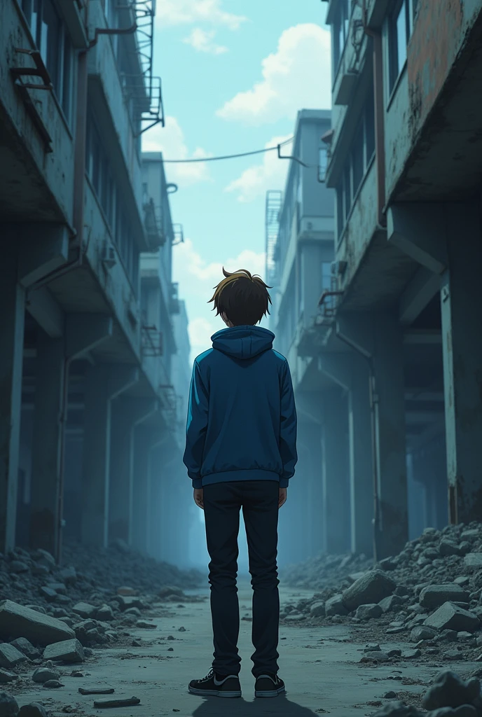 A young anime boy with vibrant red hair, walking alone through a desolate, post-apocalyptic city on the brink of destruction, surrounded by dry, decaying corpses that evoke a sense of unease and foreboding, (best quality,4k,8k,highres,masterpiece:1.2),ultra-detailed,(realistic,photorealistic,photo-realistic:1.37),intricate details,cinematic lighting,moody atmosphere,dramatic composition,dystopian,gritty,dark fantasy,eerie,horror,cinematic