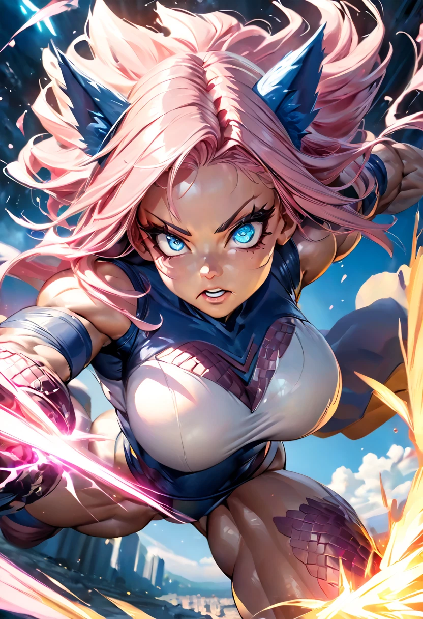 beautiful catgirl, detailed anime-style face, sharp eyes, long eyelashes, delicate features, flowing pink hair, muscular body, powerful dynamic pose, charging energy blast, dragon ball z inspired, cinematic lighting, vibrant colors, digital painting, highly detailed, 8k, photorealistic