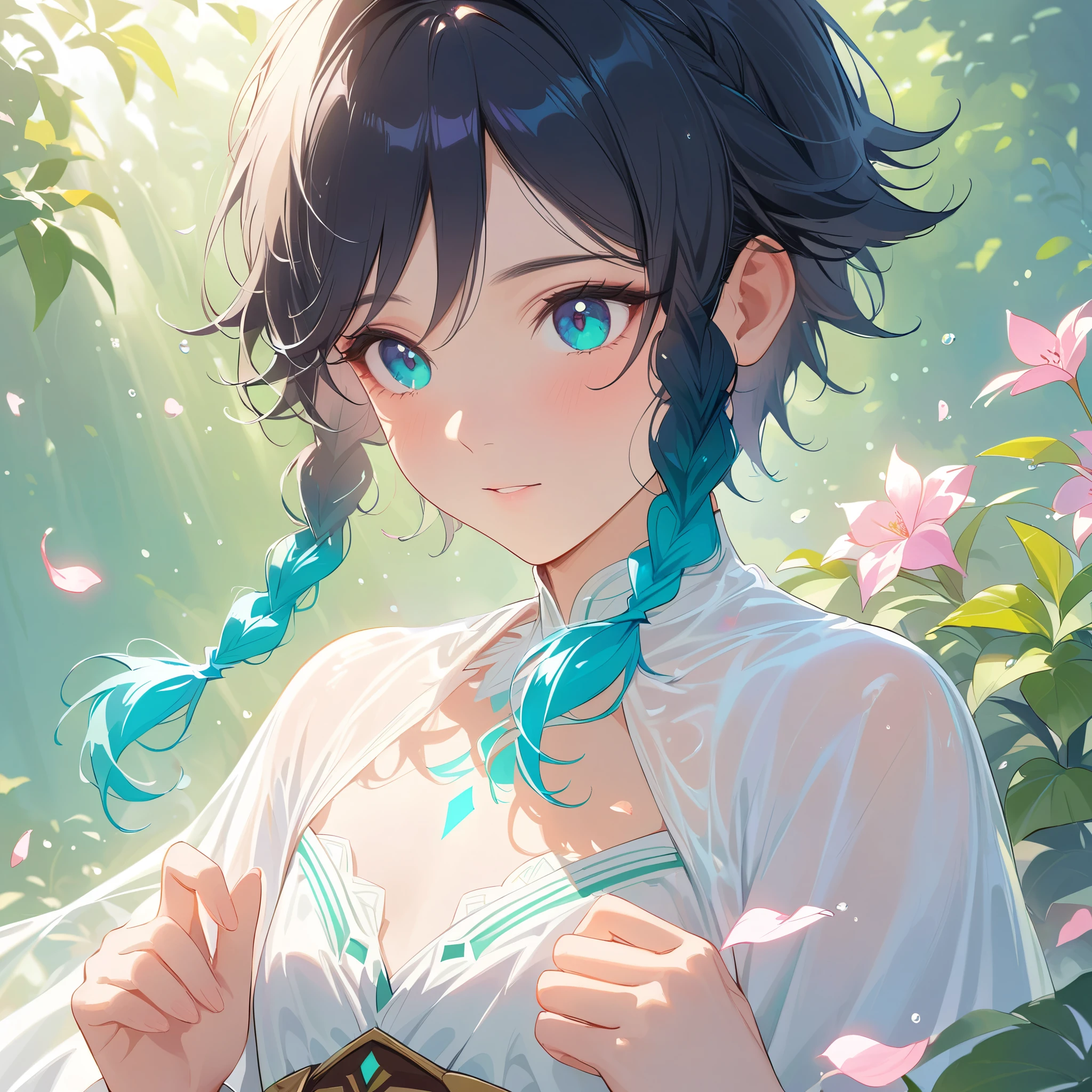 (best quality,4k,8k,highres,masterpiece:1.2),1boy,venti,genshin impact,black hair,ultra-detailed,(realistic:0.25),wearing simple white twist greek gown,morning of spring,sunlight reflection,intricate details,delicate,pastel color palette,elegant curves,effects of light and shadow,subtle reflections,face focus,sharp focus,flower petals falling,ethereal atmosphere,elysium,morning dew,soft sunlight filtering through trees,lush plant life,vividly colored blossoms,harmonious blend of nature and art,transcendent beauty,awe-inspiring artwork,flat chest,navy gradient hair in twin braids