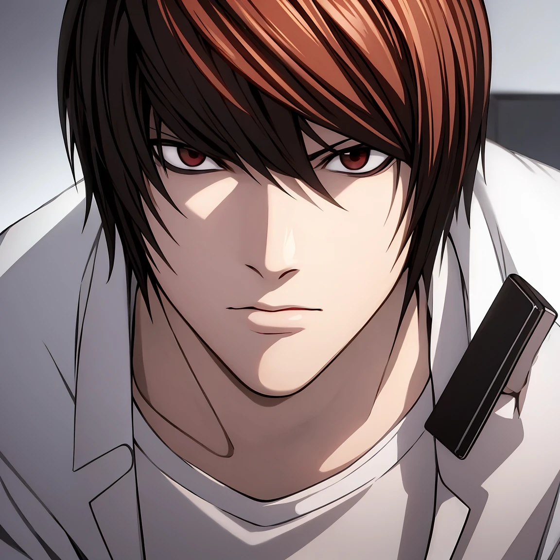 A fusion of L + light,lonely single character holding a black notebook,and wearing a white shirt and jacket,dark red hair ,messy in the Lawliet style,dark circles,looks cold and lifeless,com dark circles ,male character.