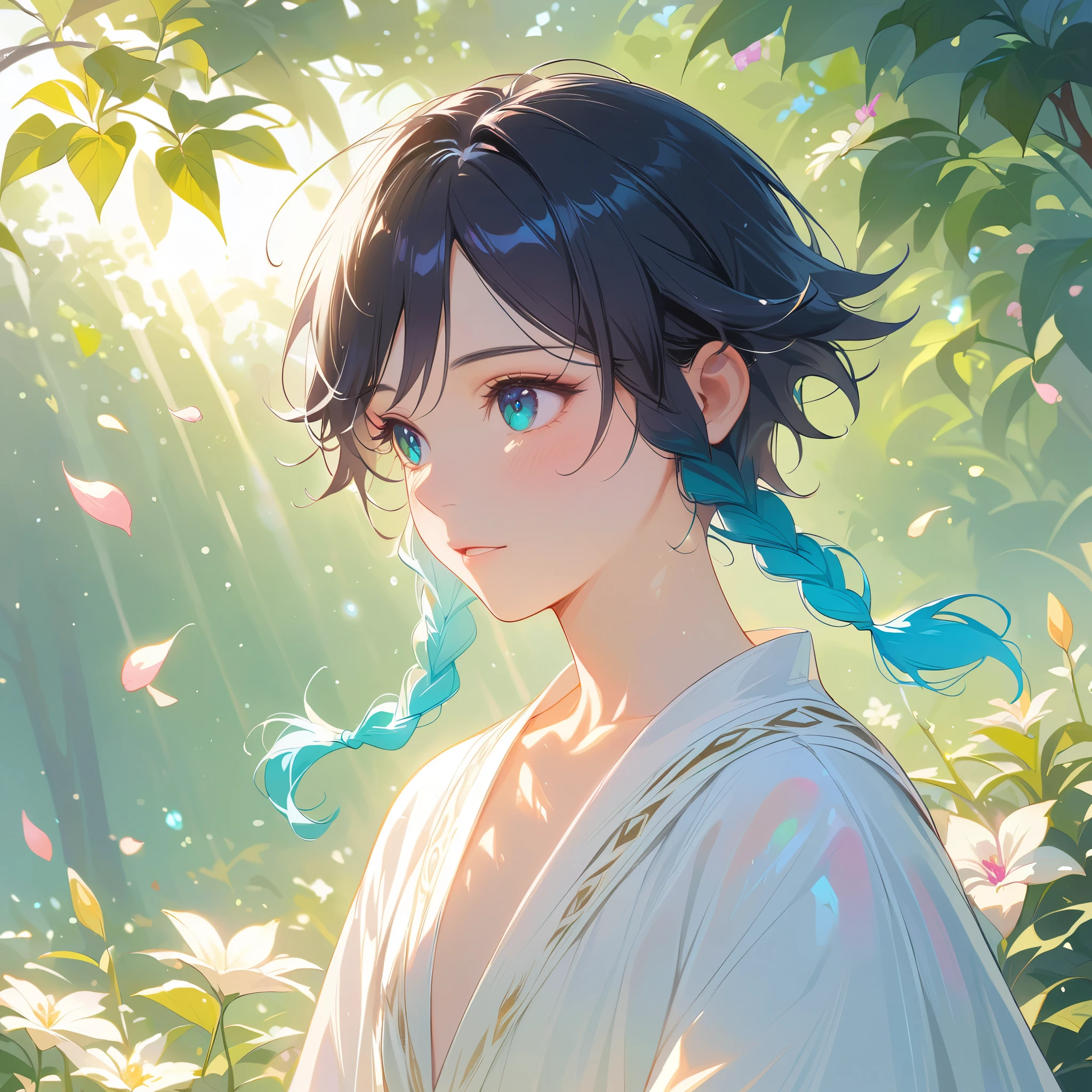 (best quality,4k,8k,highres,masterpiece:1.2),1boy,venti,genshin impact,black hair,ultra-detailed,(realistic:0.25),wearing simple white twist greek gown,morning of spring,sunlight reflection,intricate details,delicate,pastel color palette,elegant curves,effects of light and shadow,subtle reflections,face focus,sharp focus,flower petals falling,ethereal atmosphere,elysium,morning dew,soft sunlight filtering through trees,lush plant life,vividly colored blossoms,harmonious blend of nature and art,transcendent beauty,awe-inspiring artwork,flat chest,navy gradient hair in twin braids