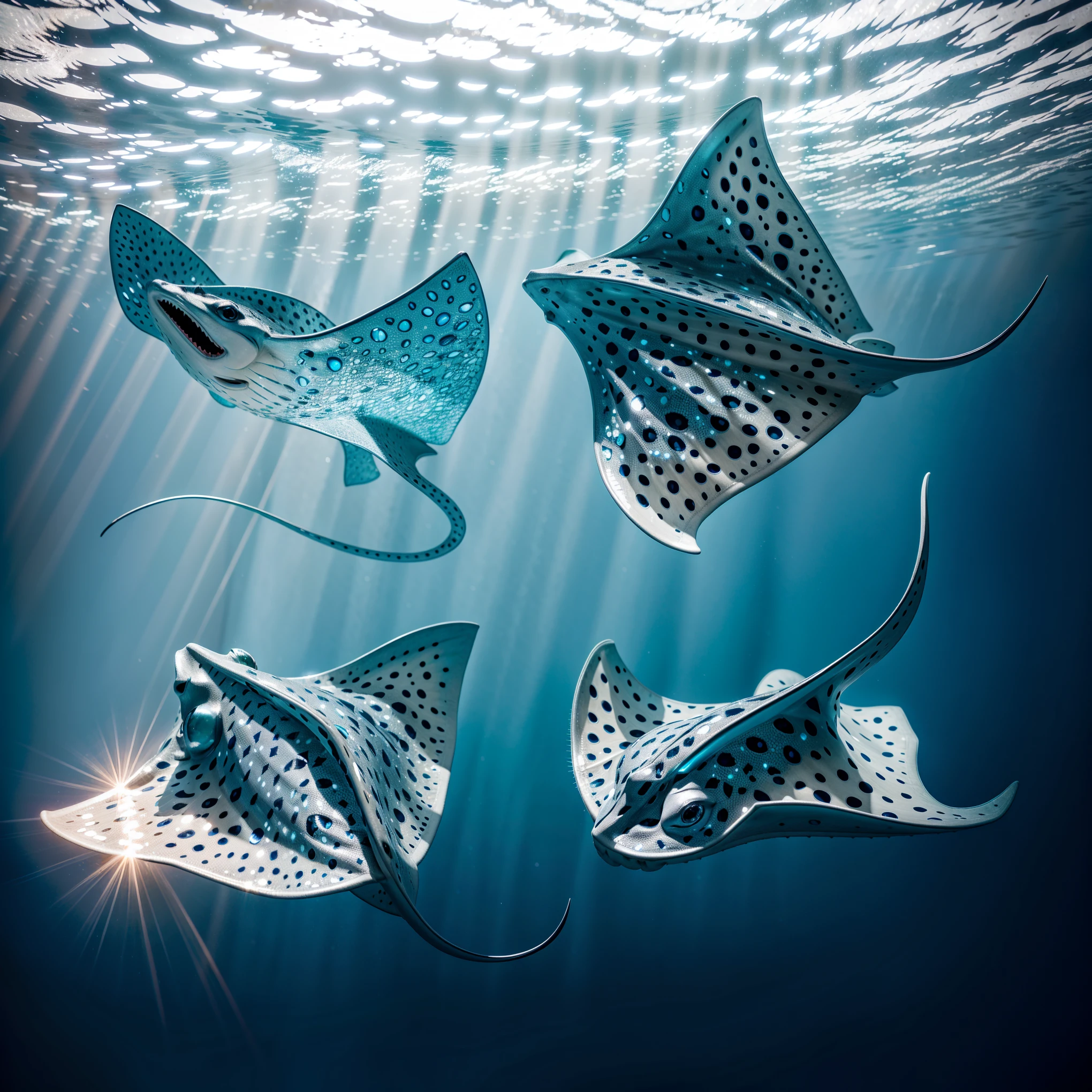 A highly detailed digital illustration of a stylized stingray dominates the composition, placed against a solid dark navy blue background. The stingray is positioned centrally, view from a side angle slightly turned to the left, displaying its diamond-shaped body and prominent triangular pectoral fins. Your skin displays a mesmerizing gradient of colors, transitioning from vibrant electric blue to pink and purple, with intricate white spots and patterns creating a starry effect. The stingray&#39;s eye is big, circular and prominently positioned on its head, featuring a dark iris surrounded by a bright orange ring, adding realistic detail. A tail, ​​elongated and curved upwards, stands out with its bright pink tone that blends with magenta. The illustration uses high contrast, vivid saturation and balanced luminance, creating a surreal and supernatural appearance. The creature&#39;s smooth, shiny surface is adorned with fine details, like textured scales, highlighted veins and contours, emphasizing its soft, flowing shape. The overall style is contemporary digital art with a vibrant and fantastical mood., featuring a shallow depth of field that keeps the focus entirely on the intricate details of this beautifully rendered sea creature.