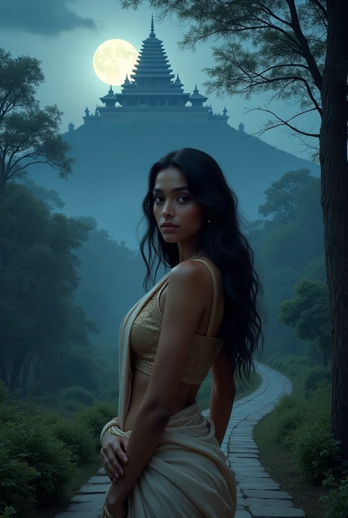 Beautiful indian woman posing, straight photoshoot pose, full body portrait, moonlit night, night time, winter, walking on forest path, detailed face, cute, big eyes, iconic, photorealistic, mountain temple, detailed background, big breasts, sexy thin saree, long wavy hair, cleavage, symmetric face, masterpiece, 8k, ultra realistic