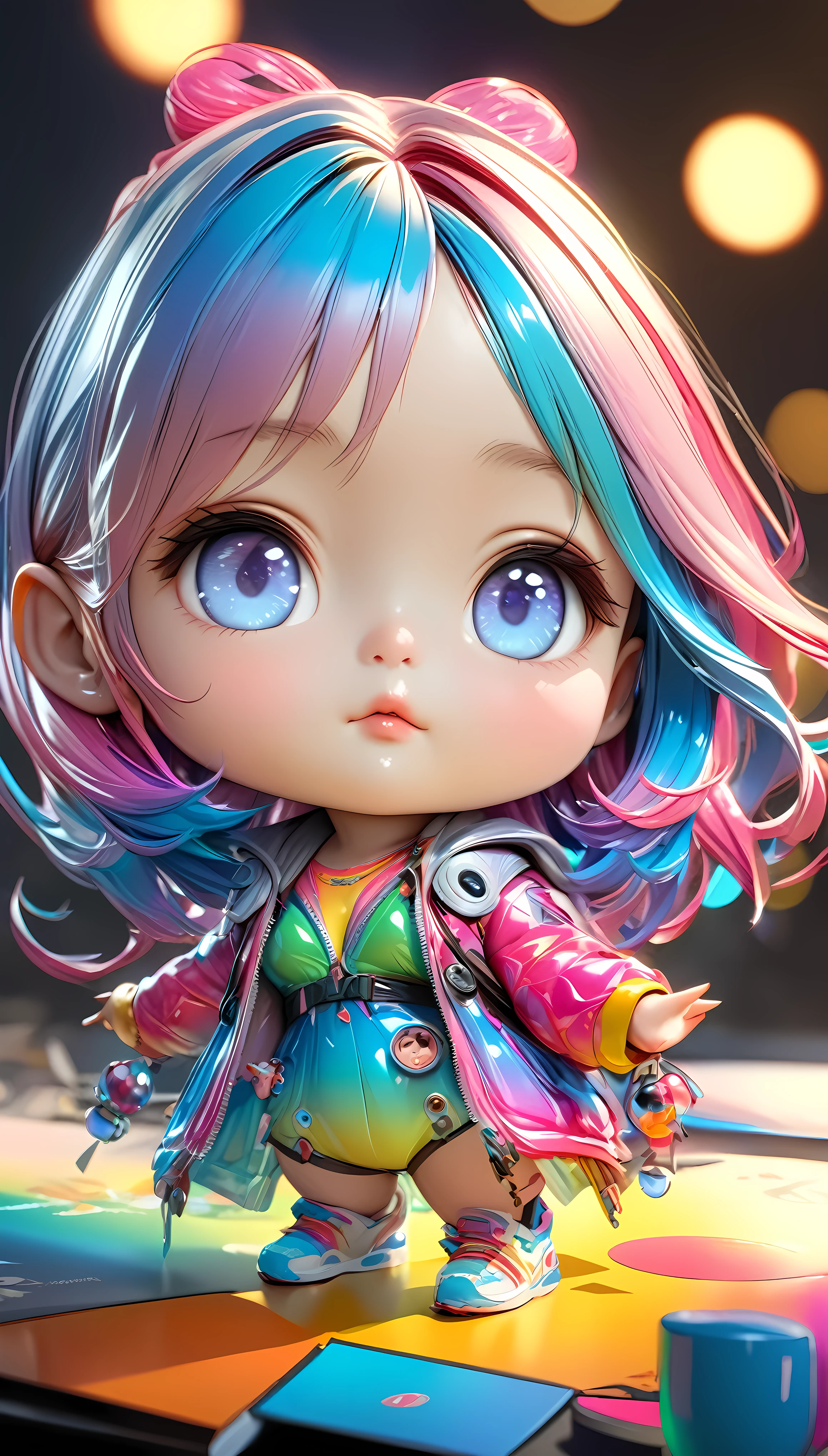 a highly detailed 4d clay model of a cute girl, solo, vibrant colorful gradients, anatomically correct, surreal and absurd aesthetics, cinema4d rendering, vivid colors, cute chibi style, polycarbonate, realistic 3d form, best quality, 4k, 8k, highres, masterpiece, ultra-detailed, realistic, photorealistic, photo-realistic, HDR, UHD, studio lighting, ultra-fine painting, sharp focus, physically-based rendering, extreme detail description, professional, vivid colors, bokeh, portraits, concept artists