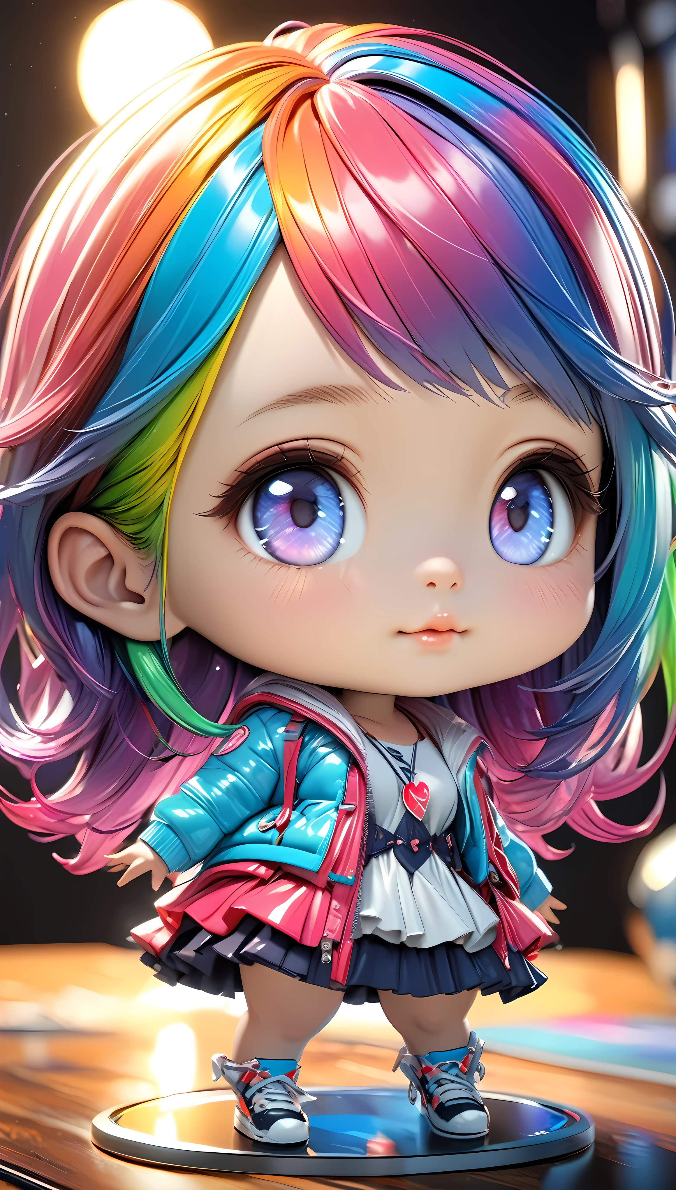 a highly detailed 4d clay model of a cute girl, solo, vibrant colorful gradients, anatomically correct, surreal and absurd aesthetics, cinema4d rendering, vivid colors, cute chibi style, polycarbonate, realistic 3d form, best quality, 4k, 8k, highres, masterpiece, ultra-detailed, realistic, photorealistic, photo-realistic, HDR, UHD, studio lighting, ultra-fine painting, sharp focus, physically-based rendering, extreme detail description, professional, vivid colors, bokeh, portraits, concept artists