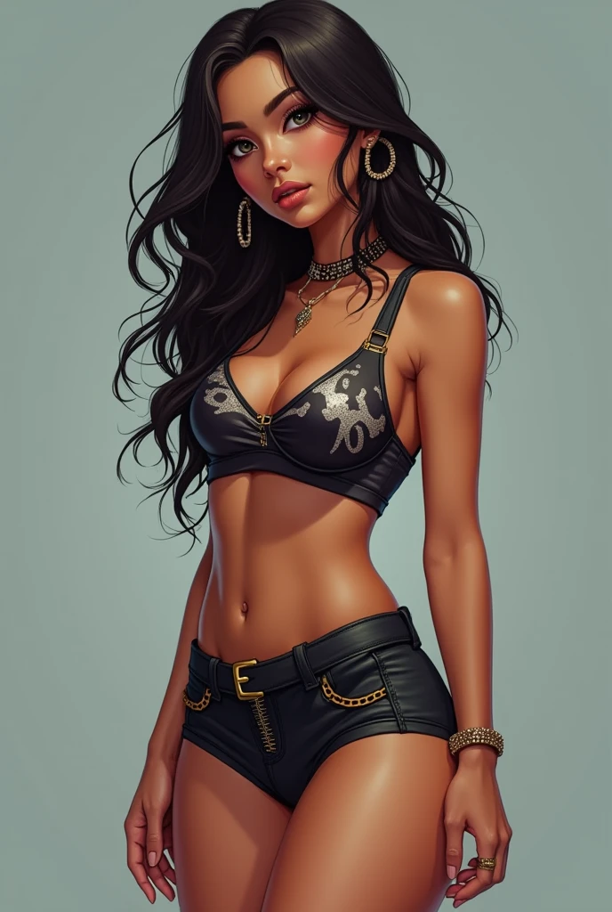 a baddie caramel, latina blasian mixed women,glossy skin extremely long glossy black hair touching the floor,) tattoos on skin, necklace that says "(MARII)" ))、 bracelet, necklace, earrings,, (fullbody), standing, seductive smile, (black hair), flowing hair, hair flowing in the wind, ((black latex,tube top,strapless)), ((underboob view)), cleavage, Solo, Slim, Big Breasts, Tight Shorts, low waist shorts, upshorts, outdoors, night background, flowers, looking at viewer, darker shadows, (((Wedgie))), (((explicit))), (((latex, black latex shorts, shorts, latex shorts))), (((absurdres))), (((thigh gap))), (((cameltoe))), (((lowleg shorts))), (((sexy))), (((sensual))), (((Detailed description vagina))), (Raise one leg wide), (((Tube Top))), (((Strapless)))