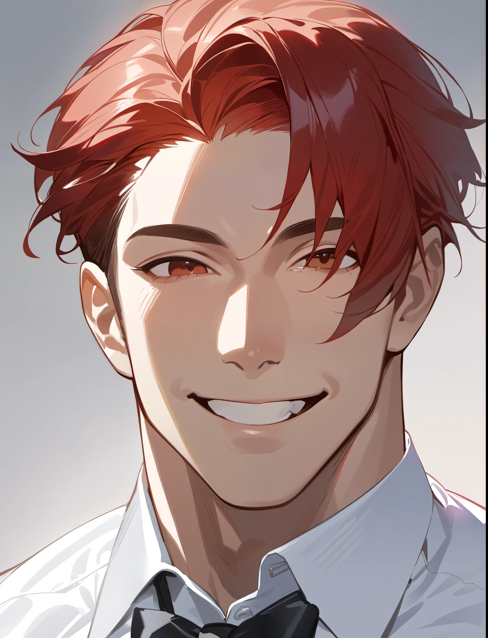 masterpiece, Best Quality, realist, 1 man, masculine focus, tall muscular, elegant, [thick eyebrows:0.5], smile, lasts, portrait, extremely detailed face], Red hair, (short hair)