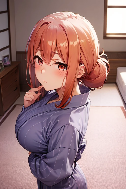 (hdr, highest resolution, best quality, beautiful, raw image, super detailed skin, perfect anatomy, nsfw, POV)), (((POV))), ((1girl)), (orange hair), brown eyes , (blushing:1.4), (((incoming kiss face, closed eyes))) , , (slender), (huge breasts), barefoot, ((((light purple yukata ,undressing )))), (( japanese style room, tatami, shoji window,, daytime)), ((face focus)), from above