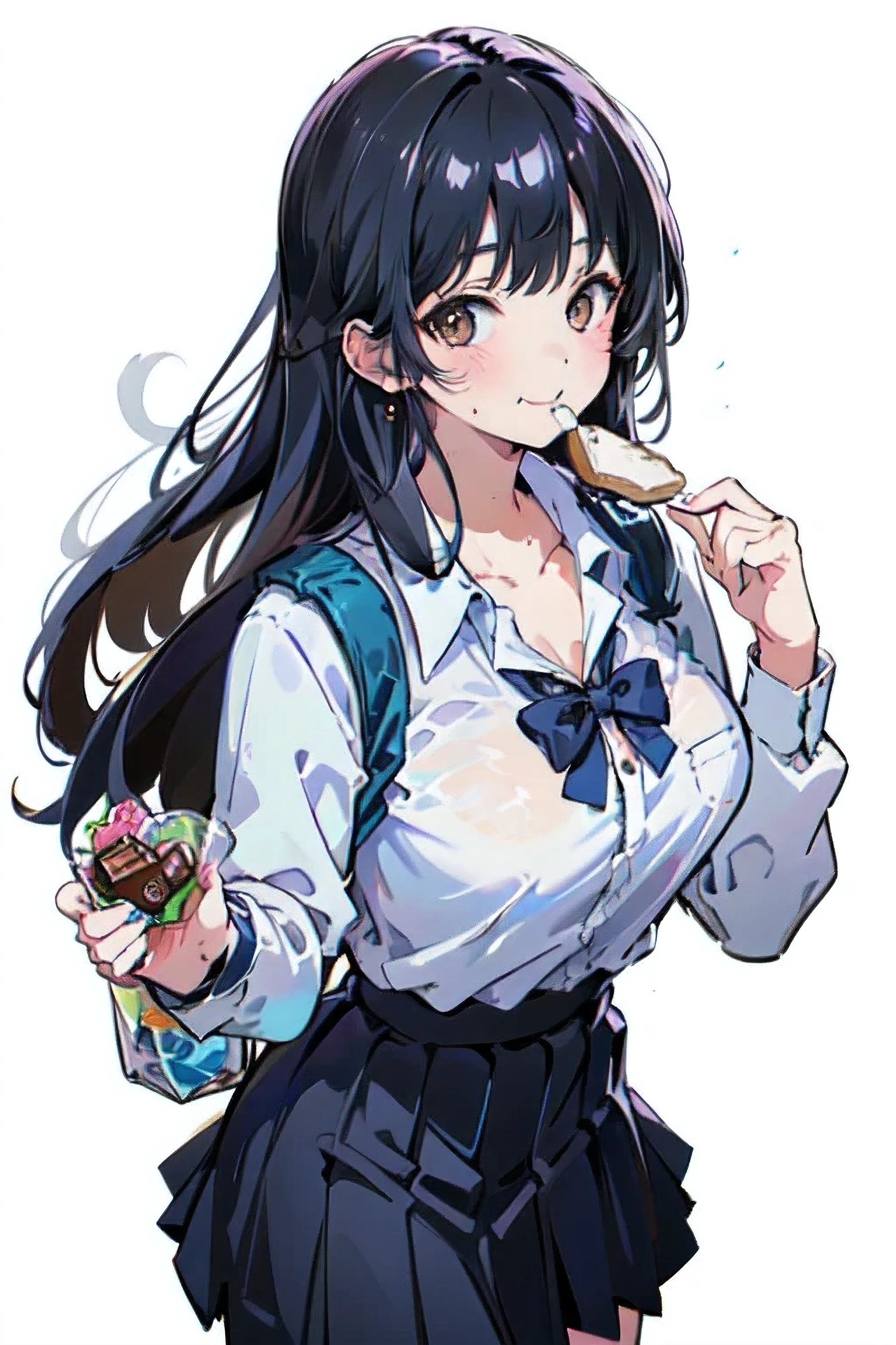 (masterpiece:1.2),best quality,PIXIV,
Anna yamada, 1girl, solo, skirt, shirt, breasts, long hair, looking at viewer, white shirt, white background, smile, mole, collared shirt, large breasts, simple background, chocolate, food, blush, black hair, black skirt, bag, pleated skirt, food on face, closed mouth, bangs, school uniform, holding, brown eyes, shirt tucked in, long sleeves, mole on neck, eating, holding food, shoulder bag, collarbone, dress shirt, cowboy shot, candy
