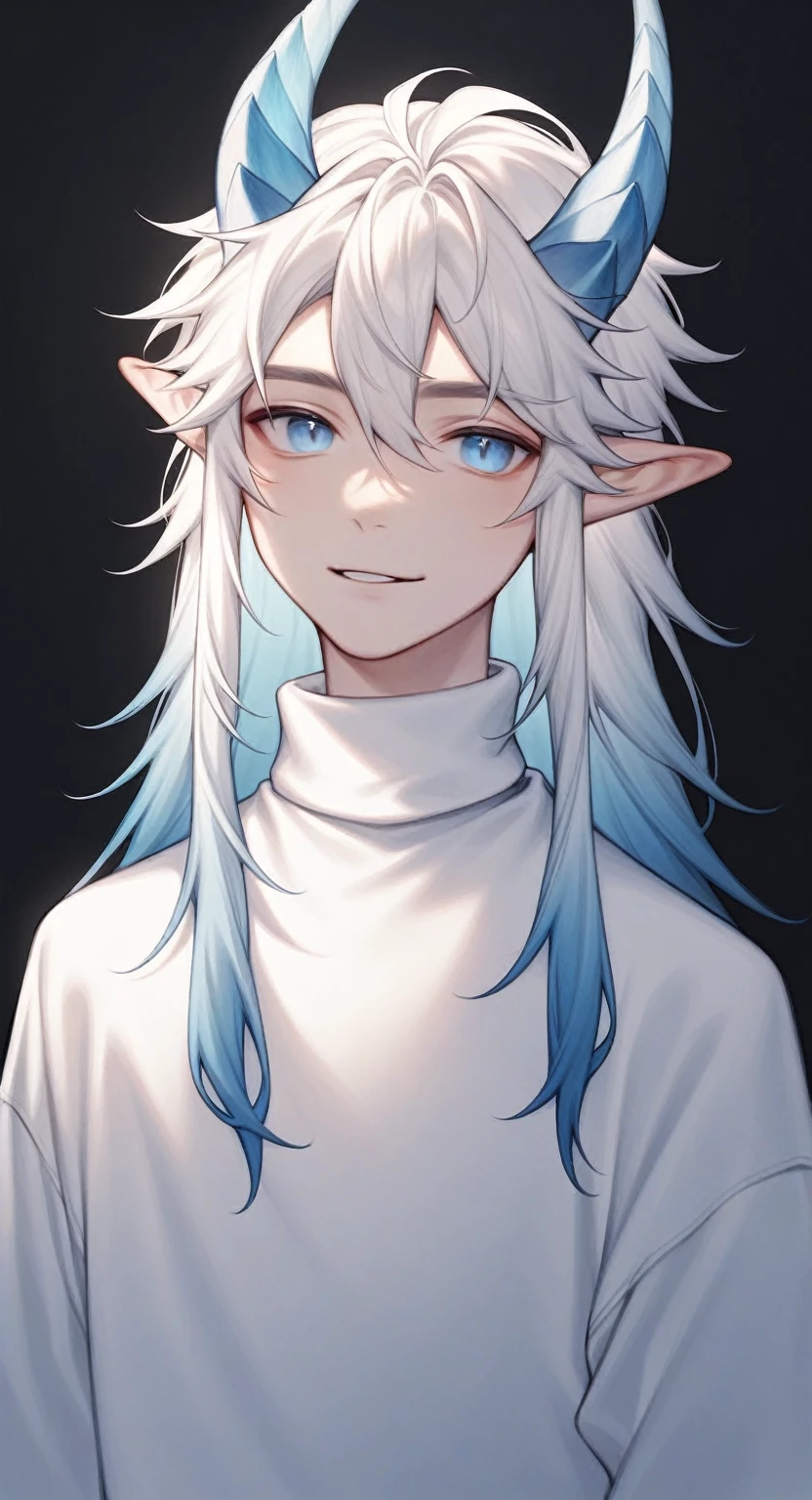 image of a man, 1 Boy, Dragon, Dragon Horn, Male focus, alone, (monster boy), sharp eyes, Light blue eyes, (crane plum:1.0), (direction:1.0), Cold expression, Shut up, Raise eyebrows, Gentle look, handsome face, young, (long hair, white hair, blue gradient hair), fair skin, (wear clothes, white turtleneck), soft light, Clarity, saturated color, masterpiece, best quality, High resolution, Super detailed, black background,