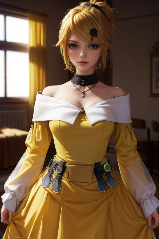 riliane, riliane, blonde hair, (blue eyes:1.5), (large eyes), ponytail, short hair, Kagamine Rin, parted bangs, smile, grin, BREAK bow, bracelet, dangle earrings, detached collar, (yellow dress:1.5), frilled dress, yellow dress bow, earrings, flower, flower brooch,hair bow, hair ornament, hairclip, jewelry, long sleeves, necklace, off shoulder, off-shoulder dress, ((pov, dress lift, no panties)), (used condoms, condom belt, used condom belt:2.2), pendant, sash, wide sleeves, BREAK looking at viewer, BREAK ((indoors)), BREAK (masterpiece:1.2), best quality, high resolution, unity 8k wallpaper, (illustration:0.8), (beautiful detailed eyes:1.6), extremely detailed face, perfect lighting, extremely detailed CG, (perfect hands, perfect anatomy),
