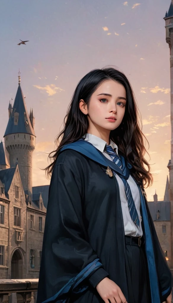 Anime Art, Black Hair、Long Hair, A girl in a Ravenclaw uniform wearing a black robe, Hogwarts, Ravenclaw Crest, Low - Angle, Calm colors, dark palette, Hazy dusk, (Looking away, Looking into the distance:1.3)  High resolution, masterpiece, 最high quality, high quality, 4K,8k,Attention to detail、Golden Eyes、